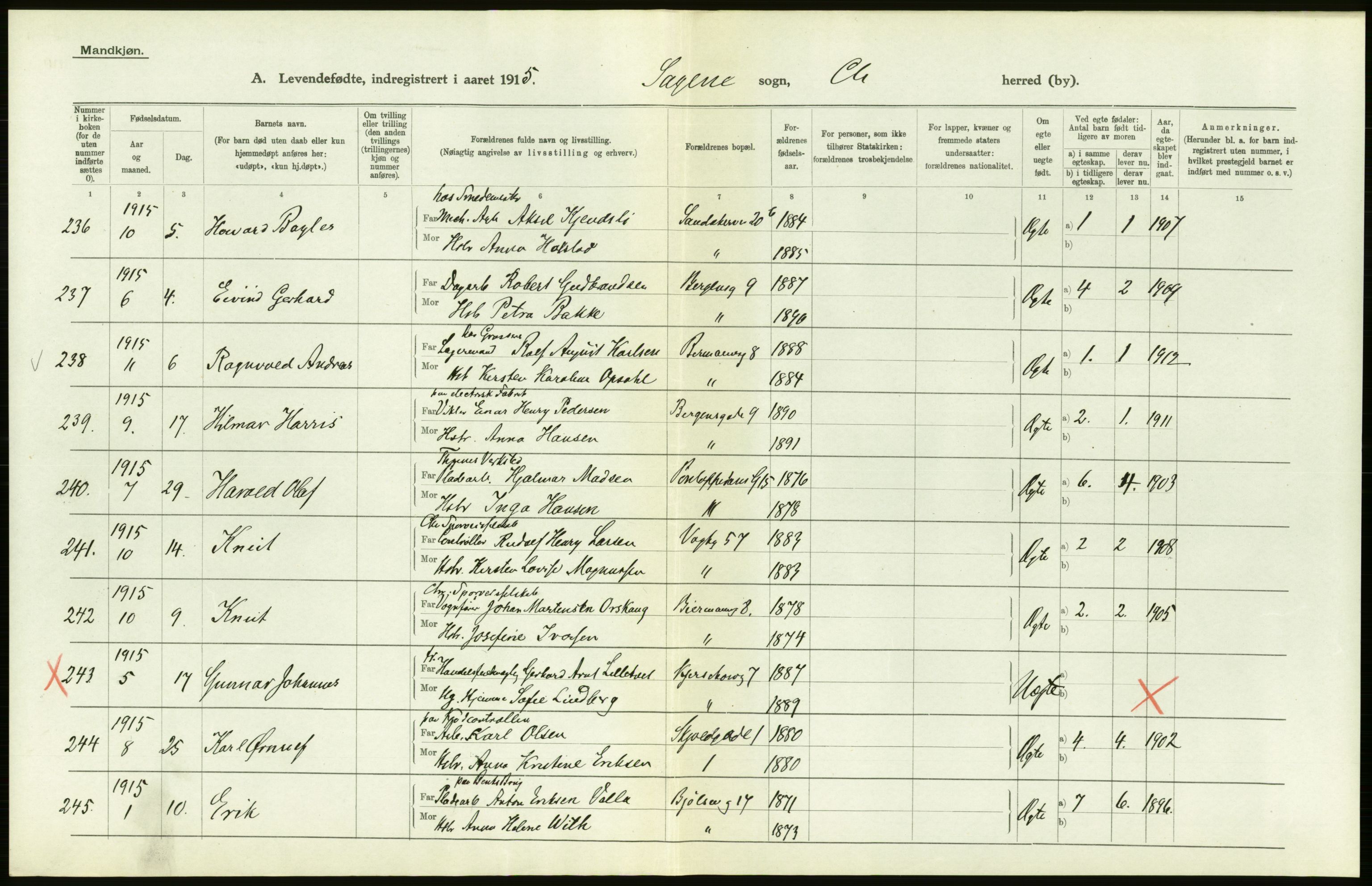 Statistisk sentralbyrå, Sosiodemografiske emner, Befolkning, AV/RA-S-2228/D/Df/Dfb/Dfbe/L0007: Kristiania: Levendefødte menn og kvinner., 1915, p. 608