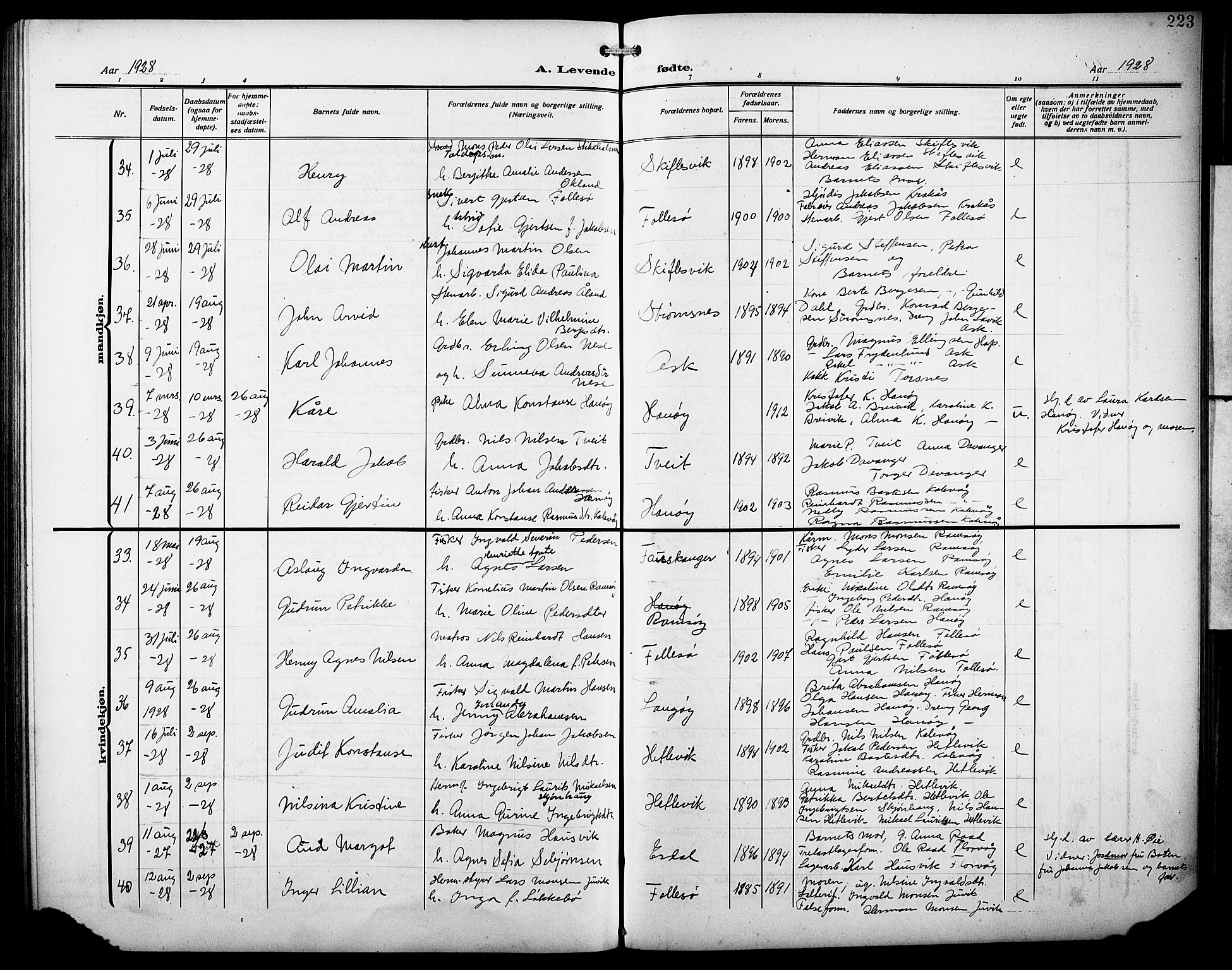 Askøy Sokneprestembete, AV/SAB-A-74101/H/Ha/Hab/Haba/L0011: Parish register (copy) no. A 11, 1908-1931, p. 223