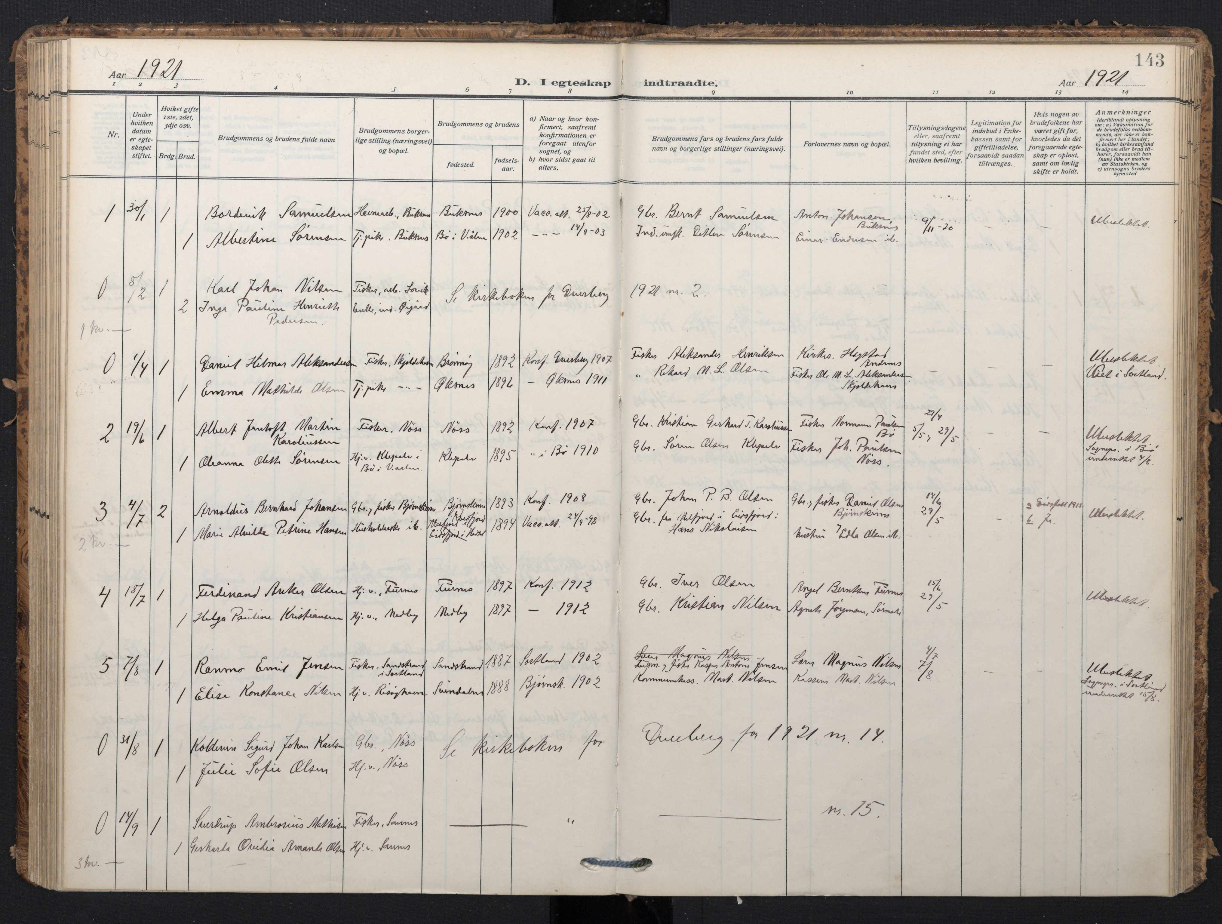 Ministerialprotokoller, klokkerbøker og fødselsregistre - Nordland, SAT/A-1459/898/L1423: Parish register (official) no. 898A03, 1909-1928, p. 143