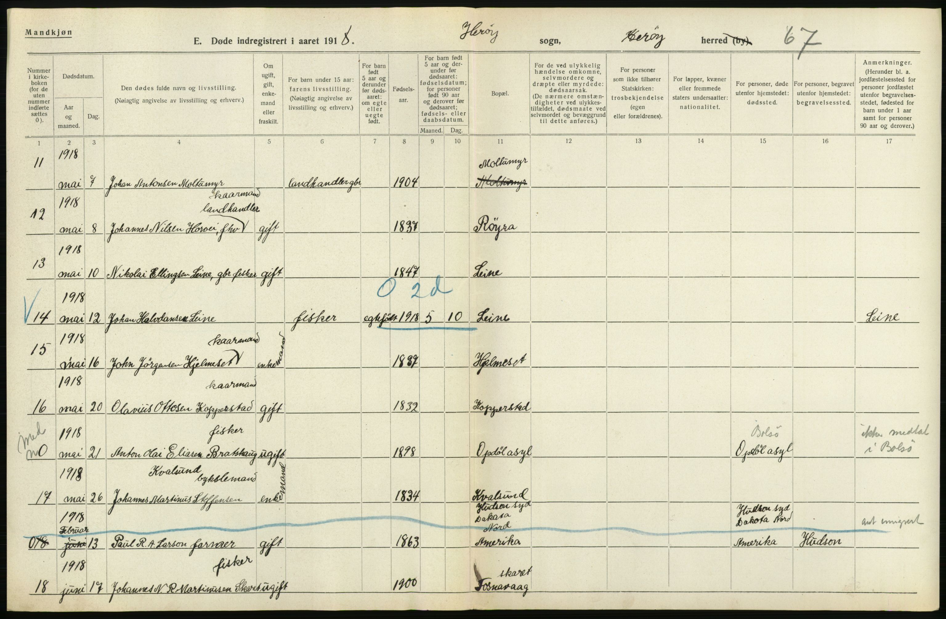 Statistisk sentralbyrå, Sosiodemografiske emner, Befolkning, AV/RA-S-2228/D/Df/Dfb/Dfbh/L0045: Møre fylke: Døde. Bygder og byer., 1918, p. 302