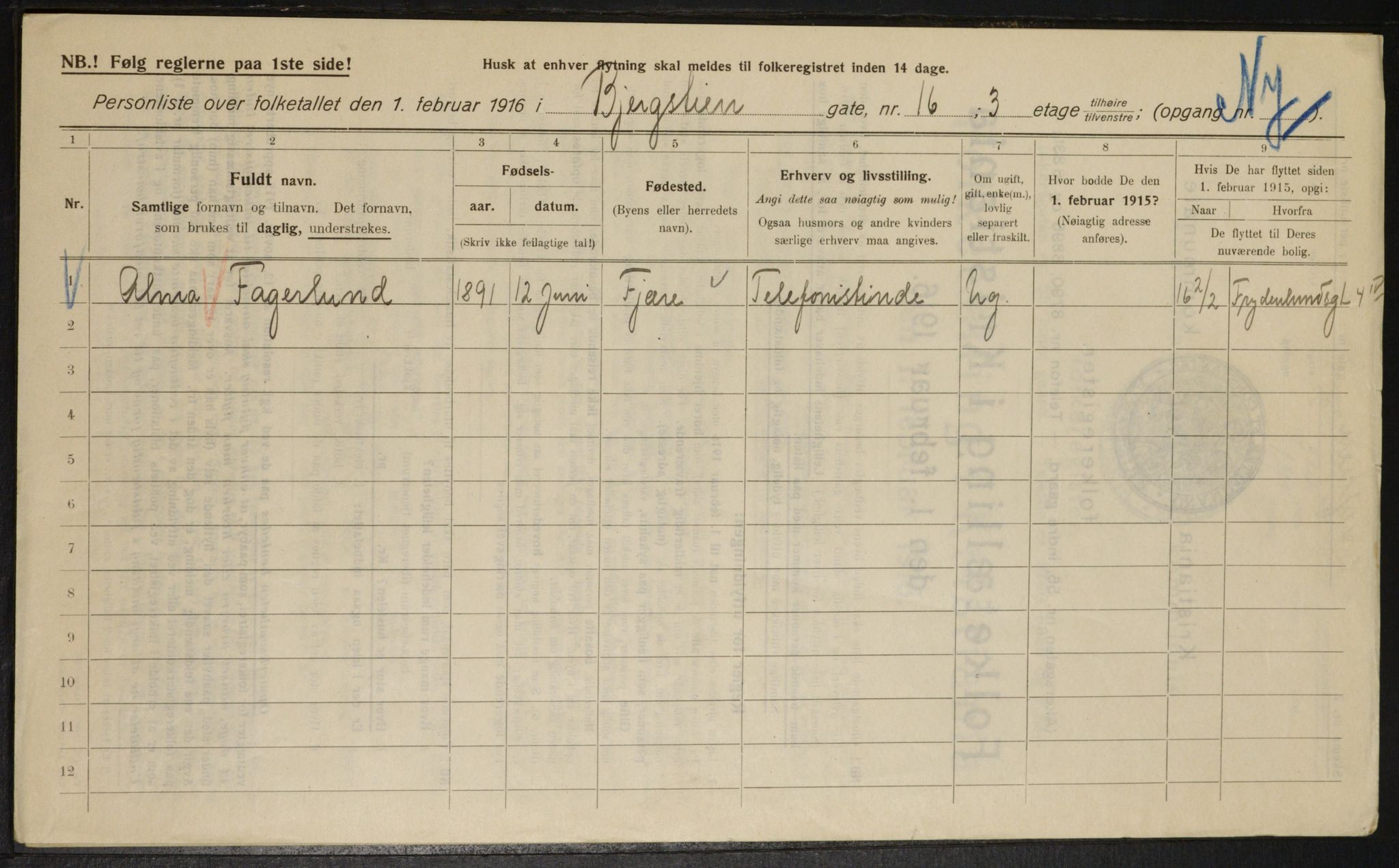 OBA, Municipal Census 1916 for Kristiania, 1916, p. 4622