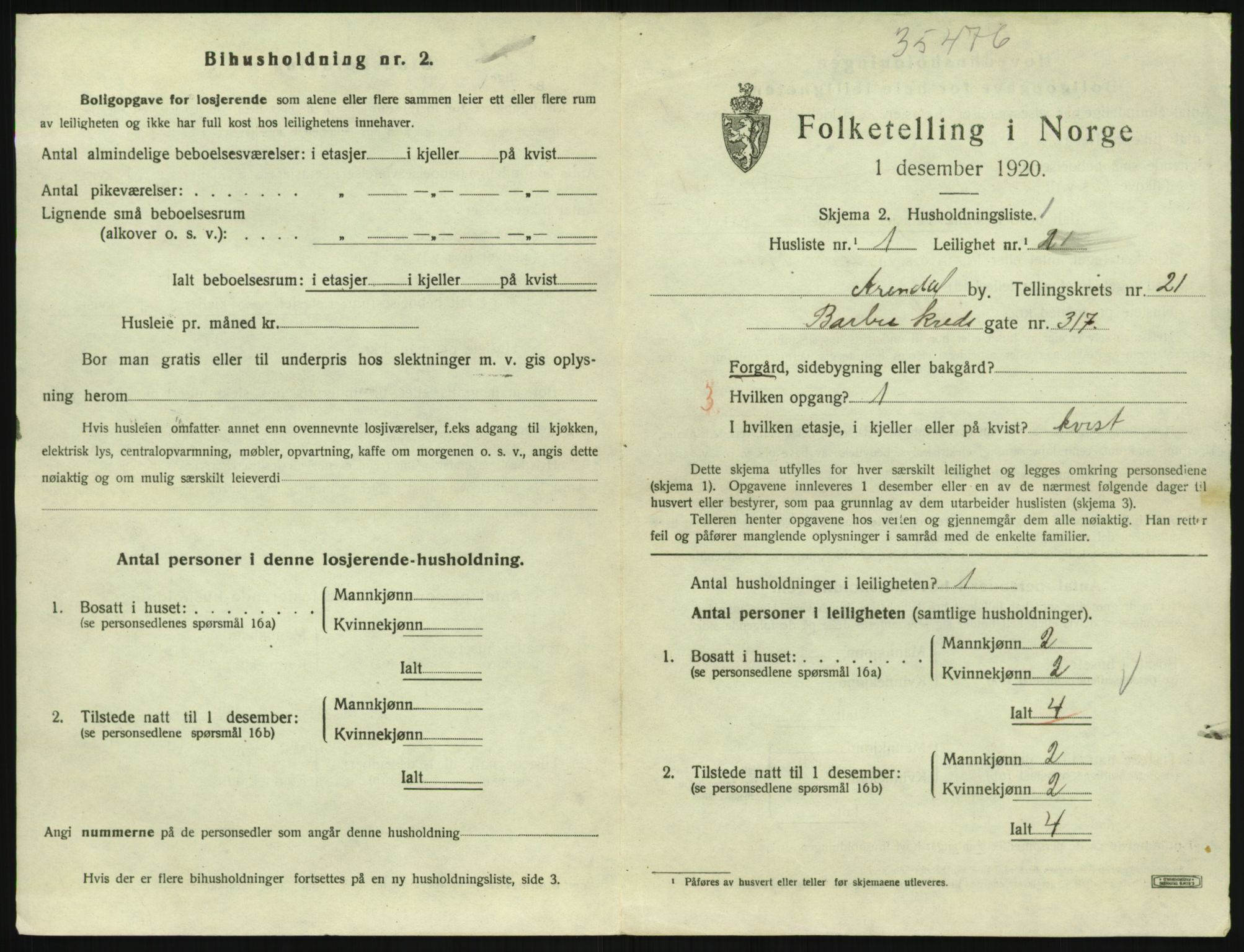 SAK, 1920 census for Arendal, 1920, p. 8478