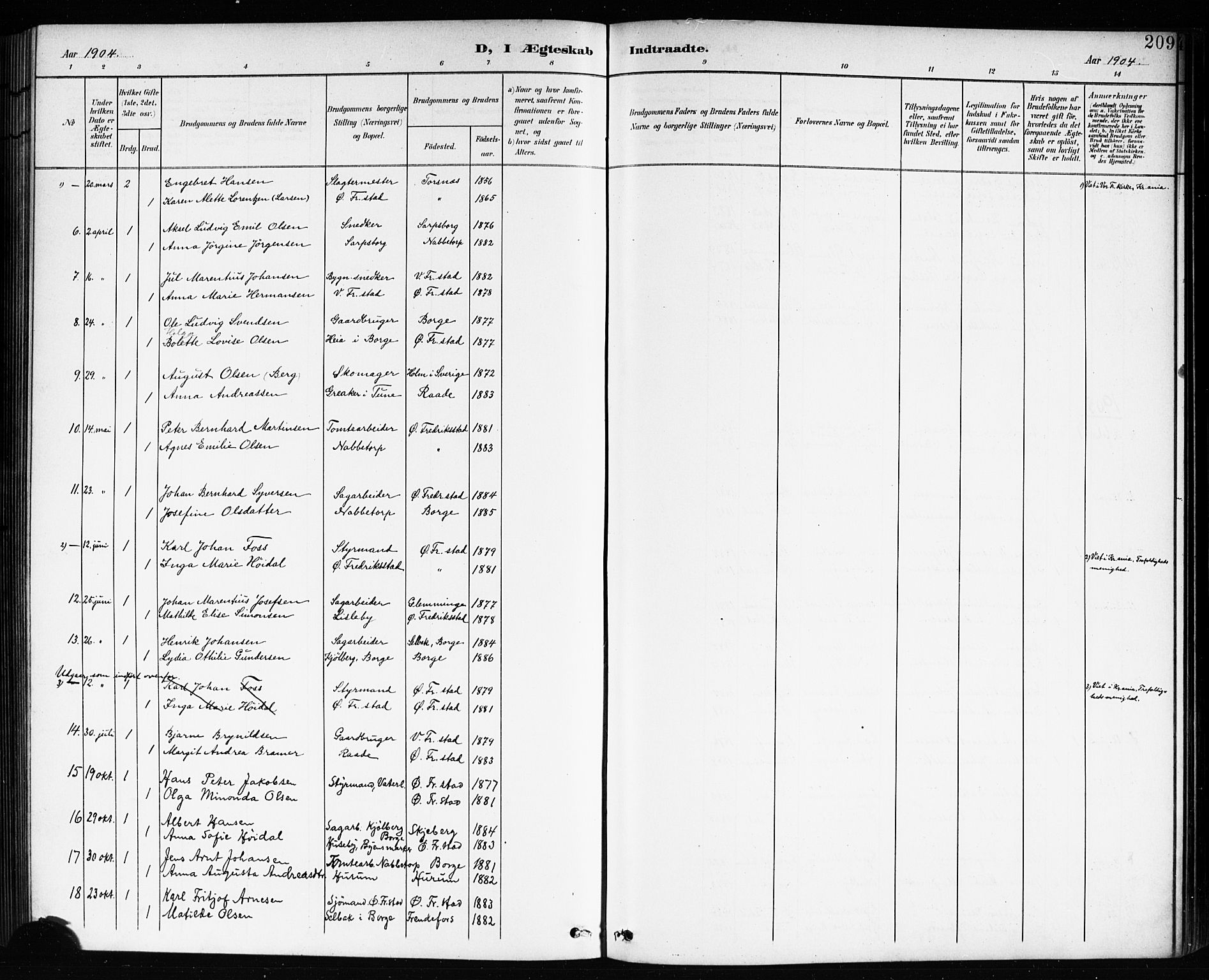 Østre Fredrikstad prestekontor Kirkebøker, AV/SAO-A-10907/G/Ga/L0002: Parish register (copy) no. 2, 1900-1919, p. 209