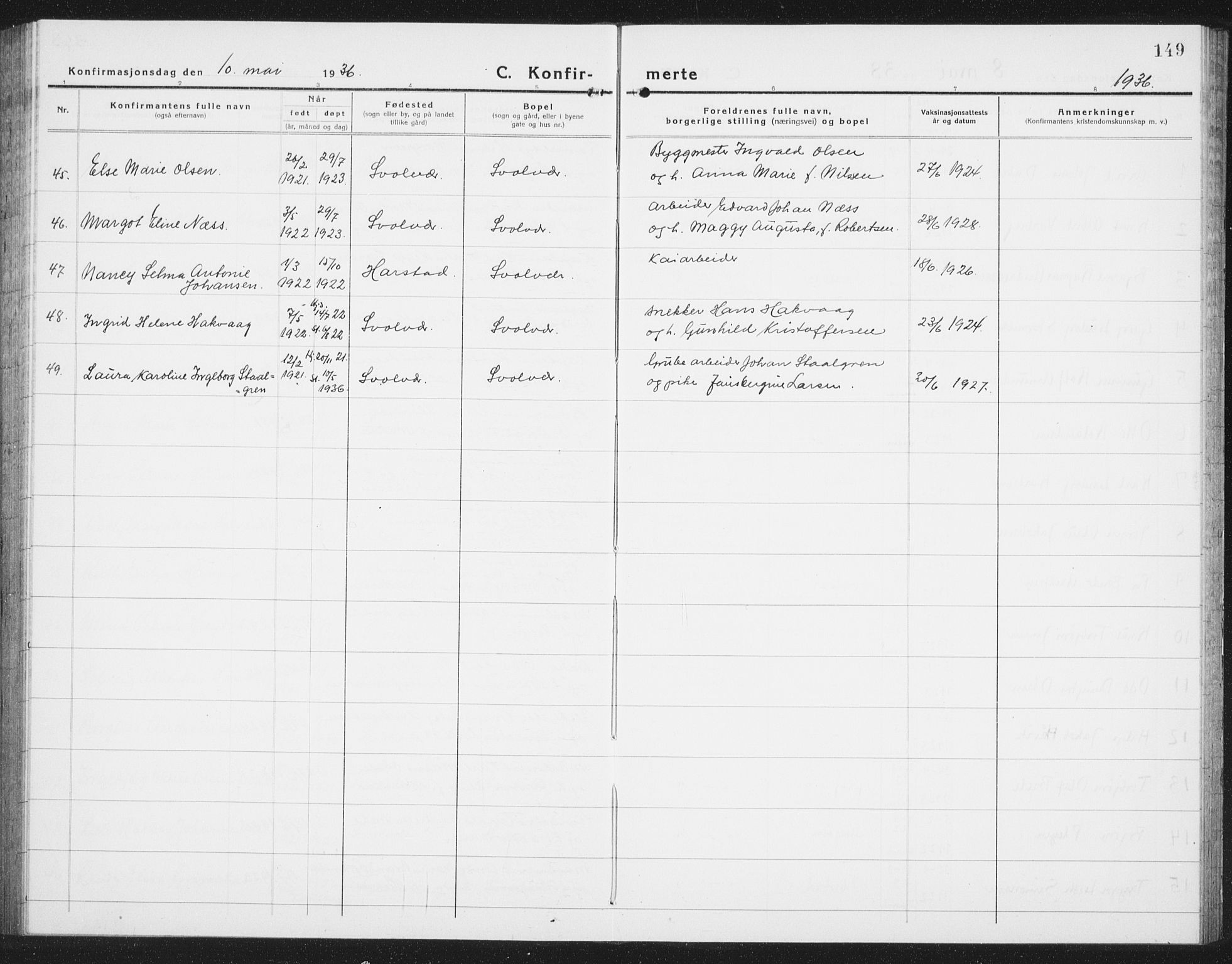 Ministerialprotokoller, klokkerbøker og fødselsregistre - Nordland, AV/SAT-A-1459/877/L1117: Parish register (copy) no. 877C01, 1923-1942, p. 149