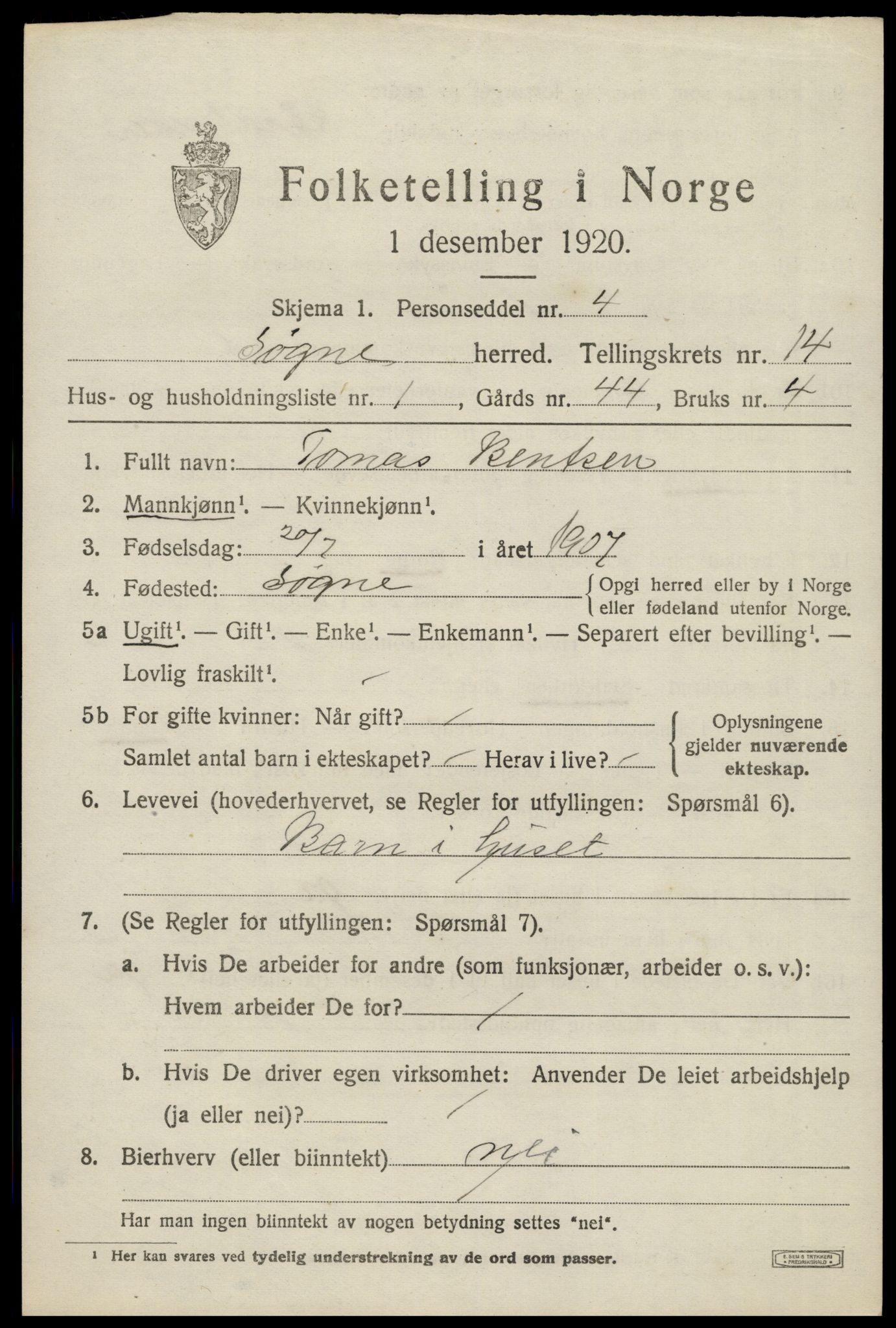 SAK, 1920 census for Søgne, 1920, p. 6755