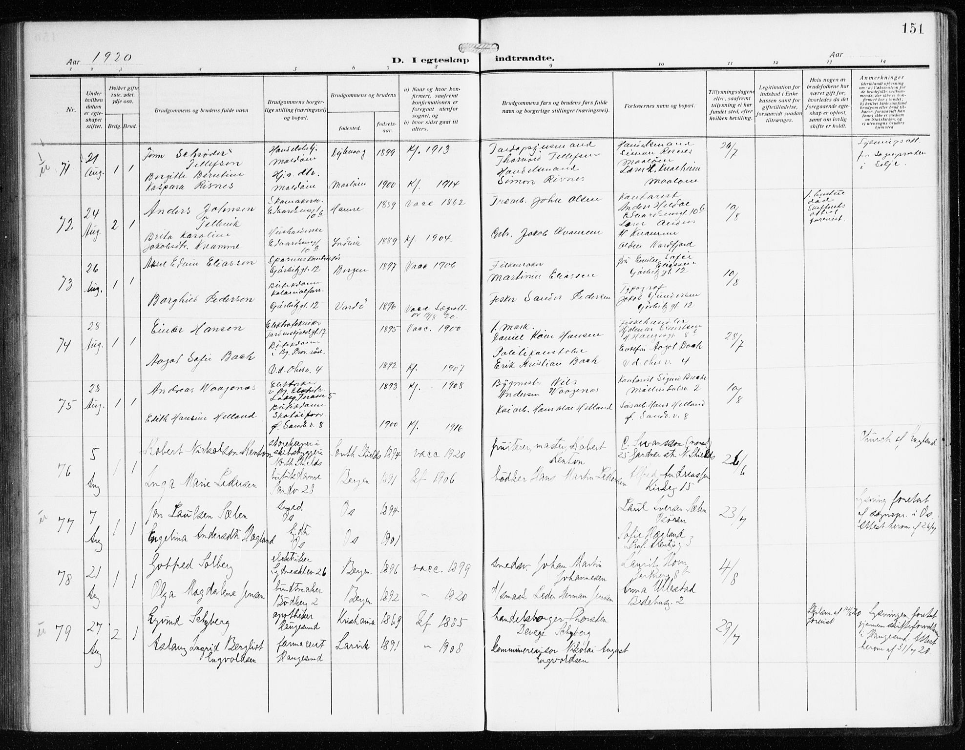 Sandviken Sokneprestembete, AV/SAB-A-77601/H/Ha/L0015: Parish register (official) no. D 2, 1911-1923, p. 151