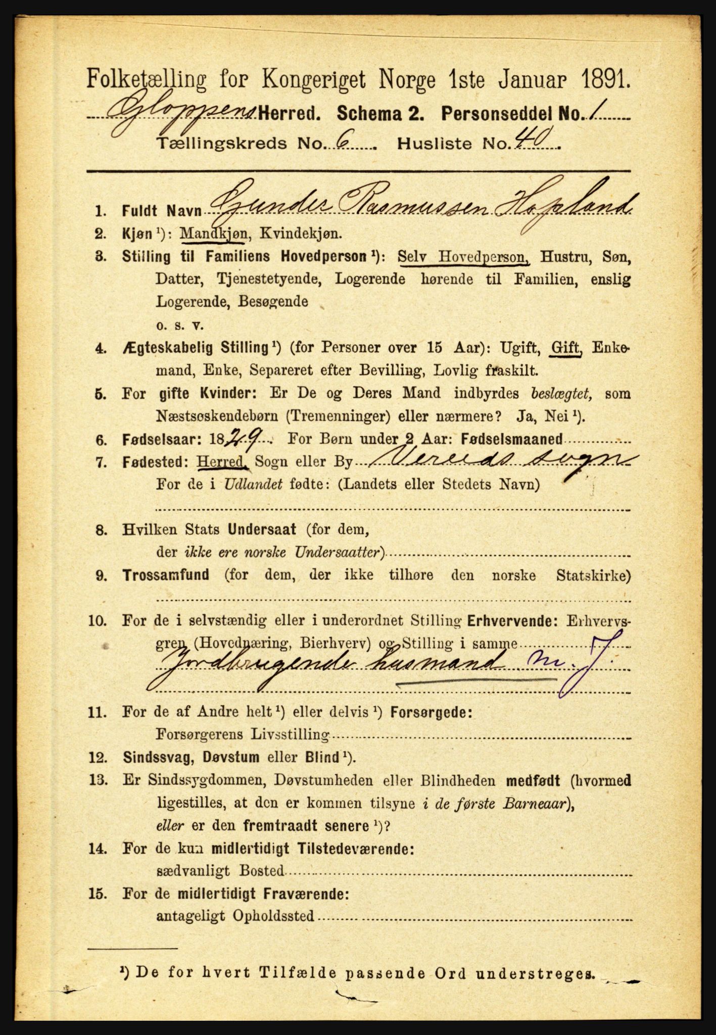 RA, 1891 census for 1445 Gloppen, 1891, p. 2578