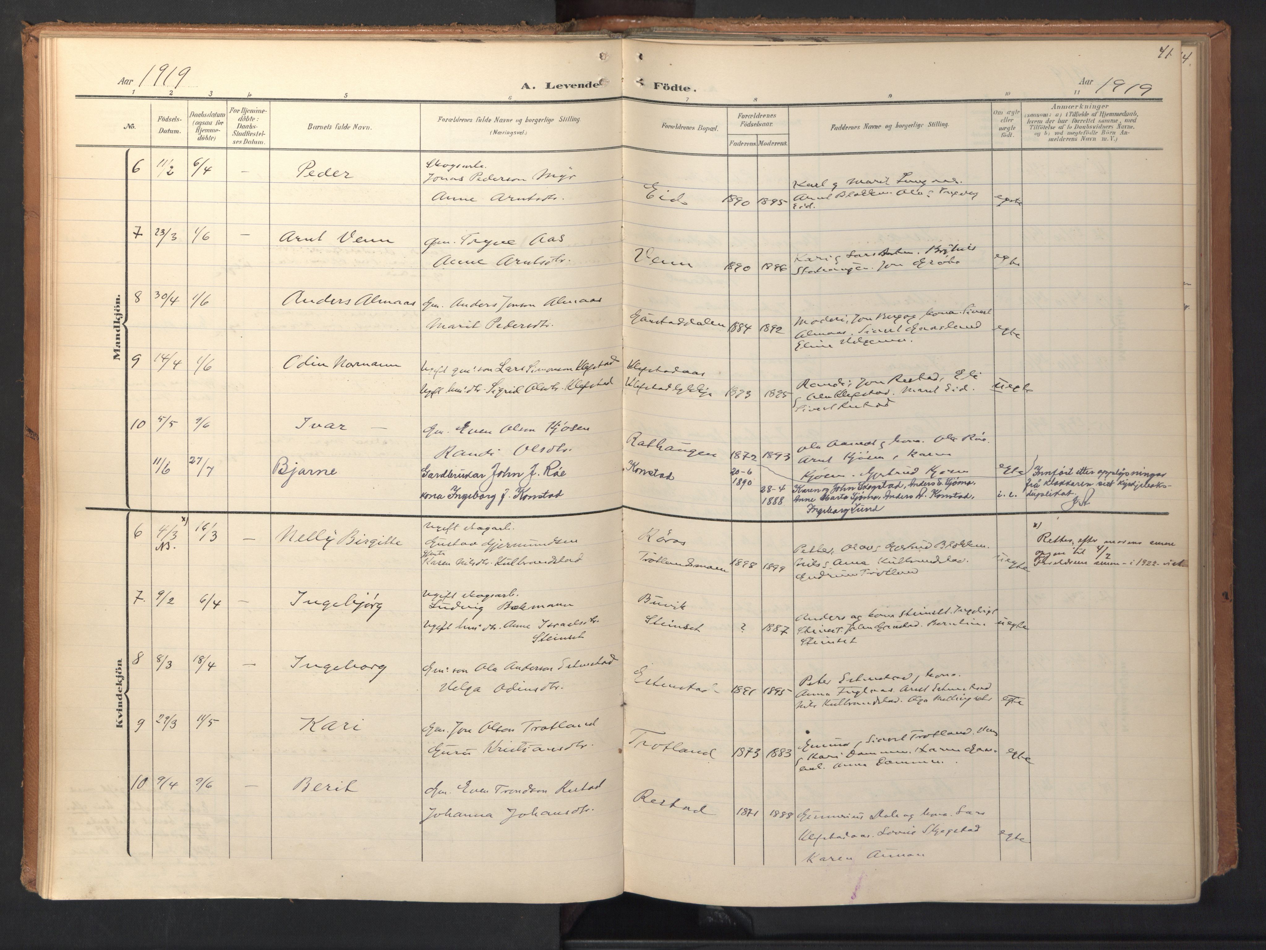 Ministerialprotokoller, klokkerbøker og fødselsregistre - Sør-Trøndelag, SAT/A-1456/694/L1128: Parish register (official) no. 694A02, 1906-1931, p. 41