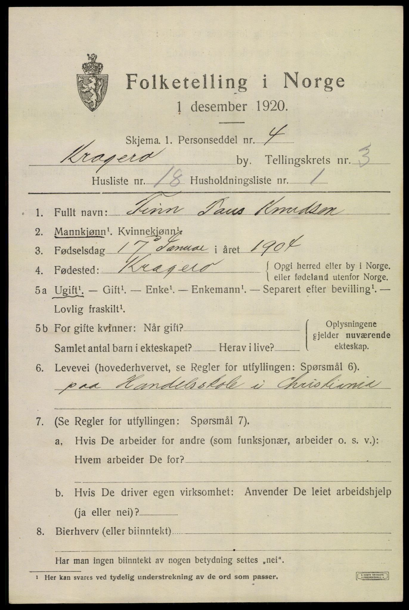 SAKO, 1920 census for Kragerø, 1920, p. 7273