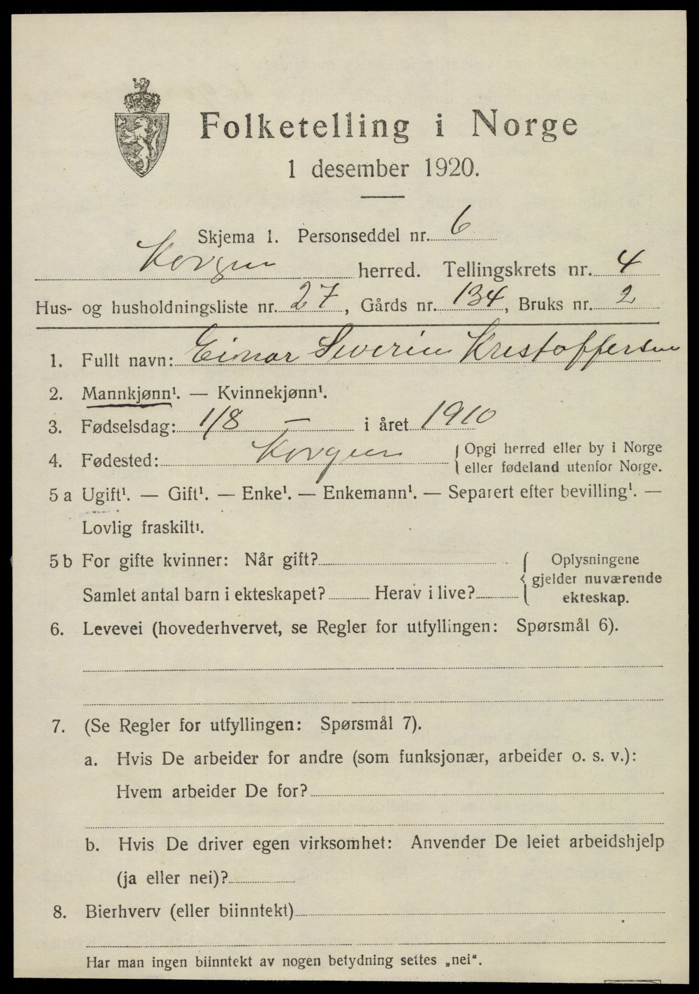 SAT, 1920 census for Korgen, 1920, p. 2078