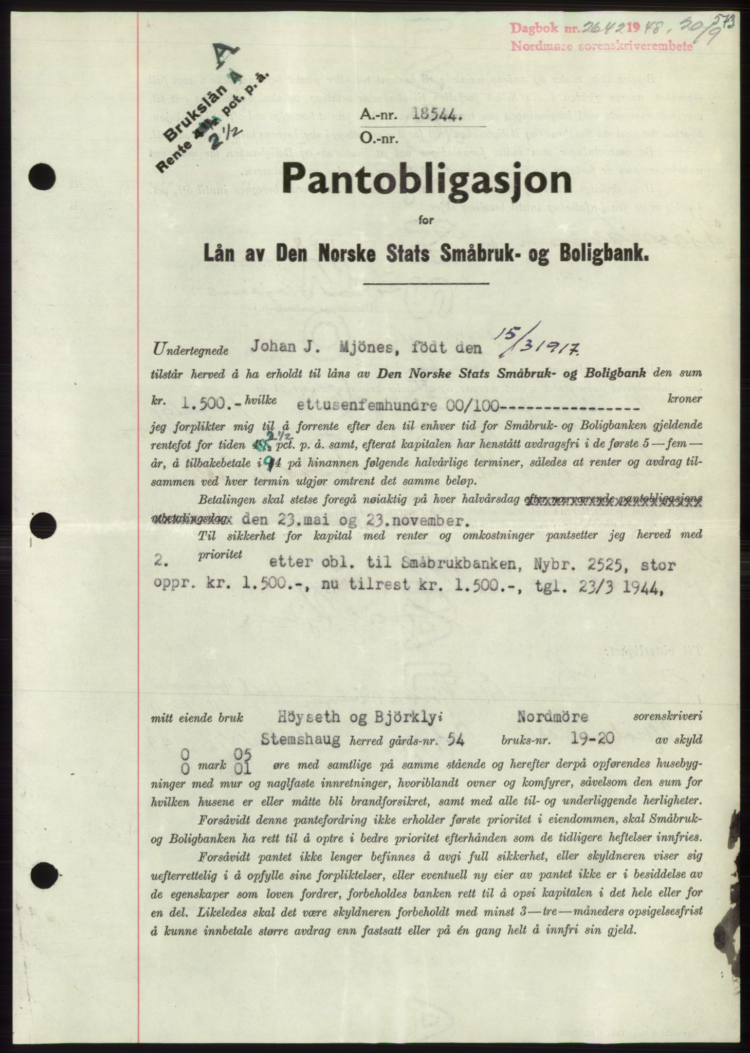 Nordmøre sorenskriveri, AV/SAT-A-4132/1/2/2Ca: Mortgage book no. B99, 1948-1948, Diary no: : 2642/1948