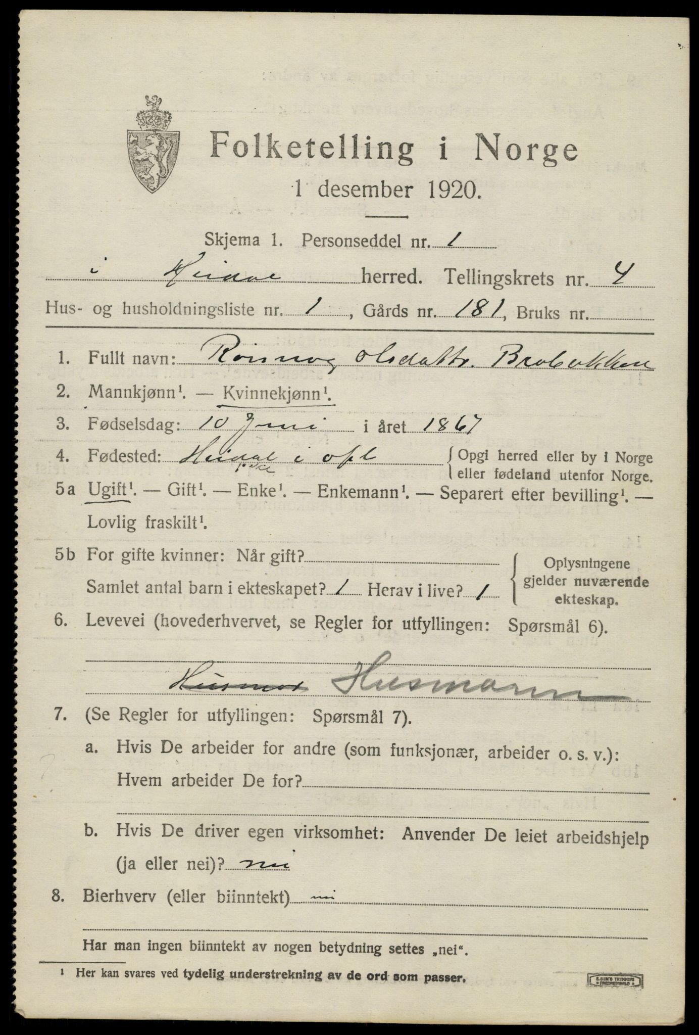 SAH, 1920 census for Heidal, 1920, p. 2018