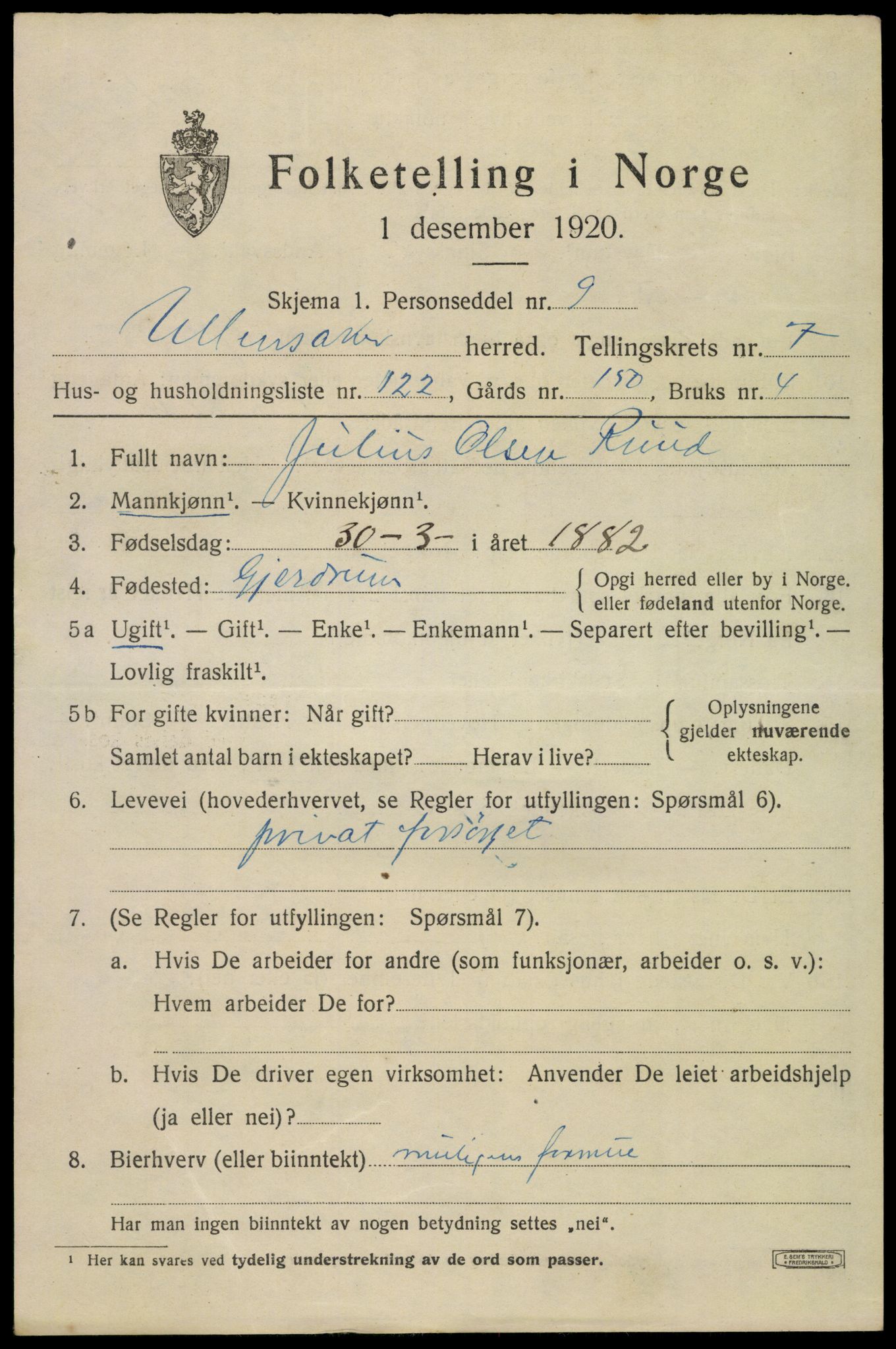 SAO, 1920 census for Ullensaker, 1920, p. 14285