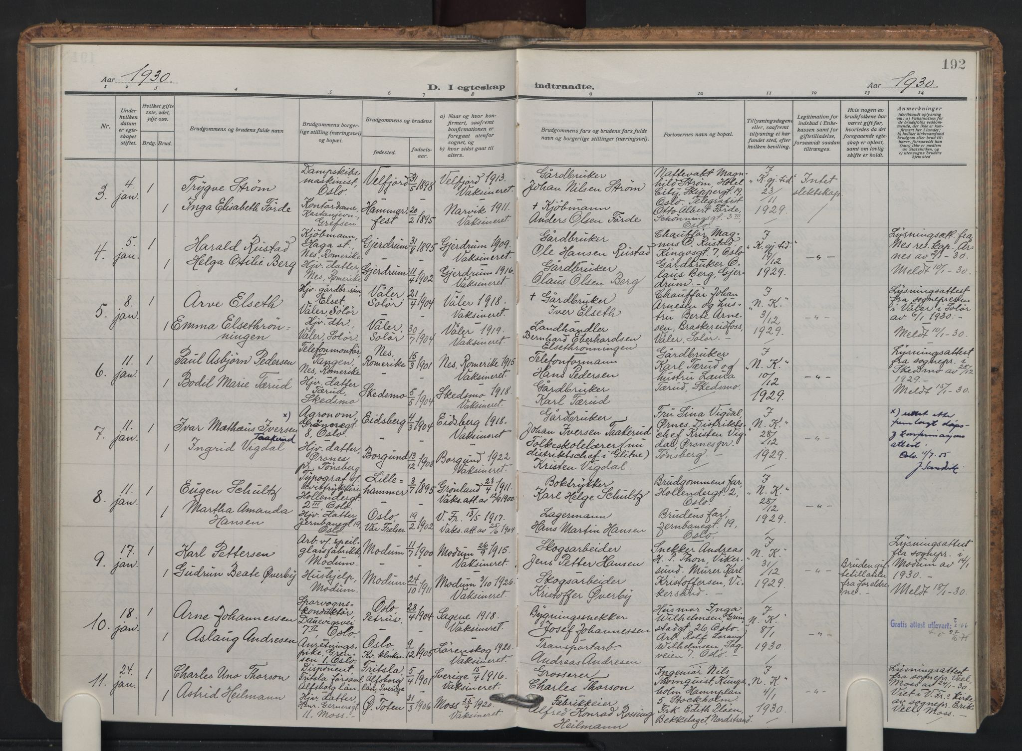Oslo domkirke Kirkebøker, AV/SAO-A-10752/F/Fa/L0040: Parish register (official) no. 40, 1921-1932, p. 192