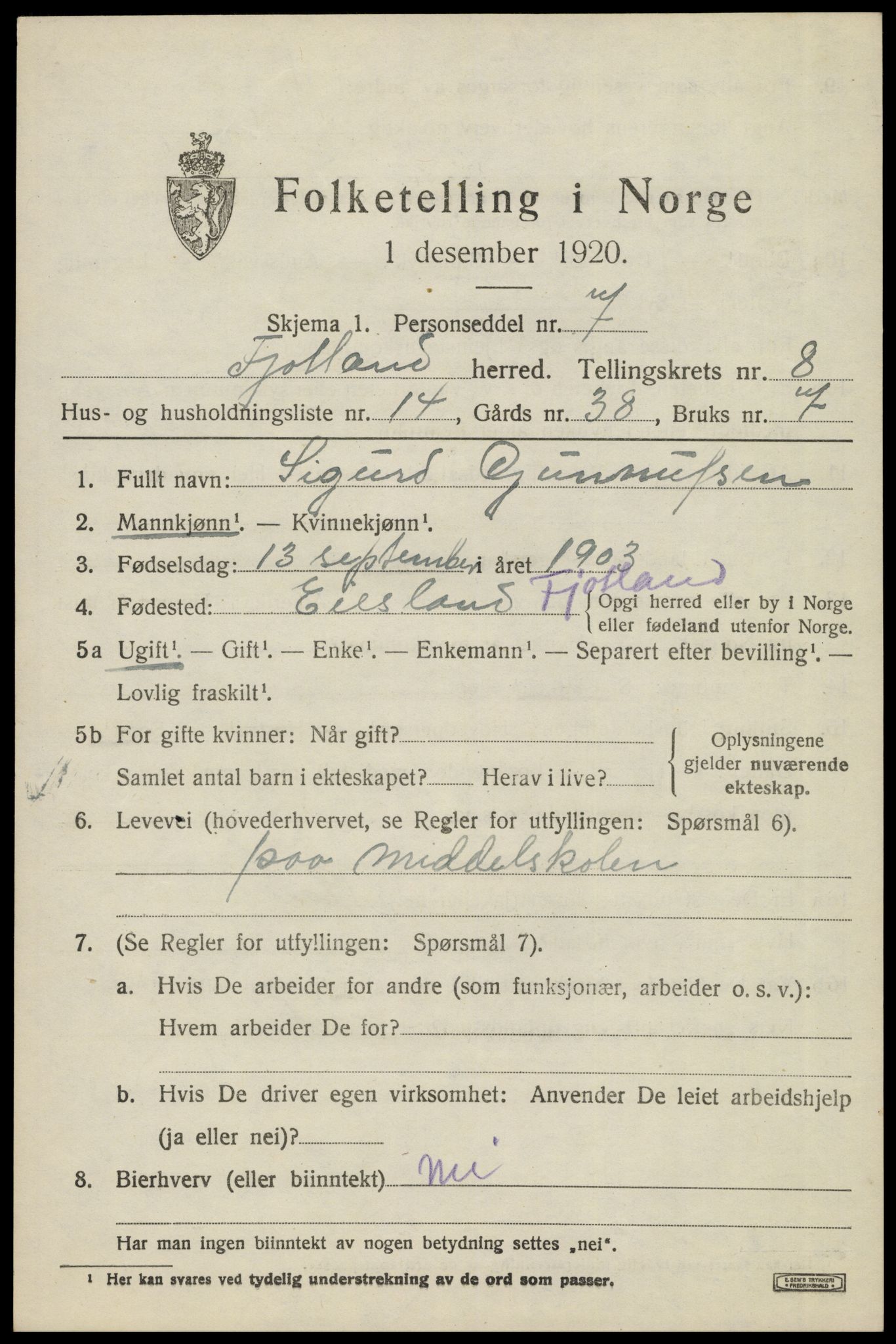 SAK, 1920 census for Fjotland, 1920, p. 2154