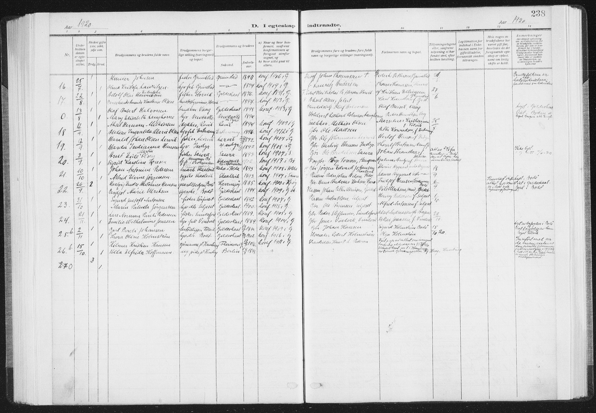 Ministerialprotokoller, klokkerbøker og fødselsregistre - Nordland, AV/SAT-A-1459/805/L0104: Parish register (official) no. 805A09, 1909-1926, p. 238