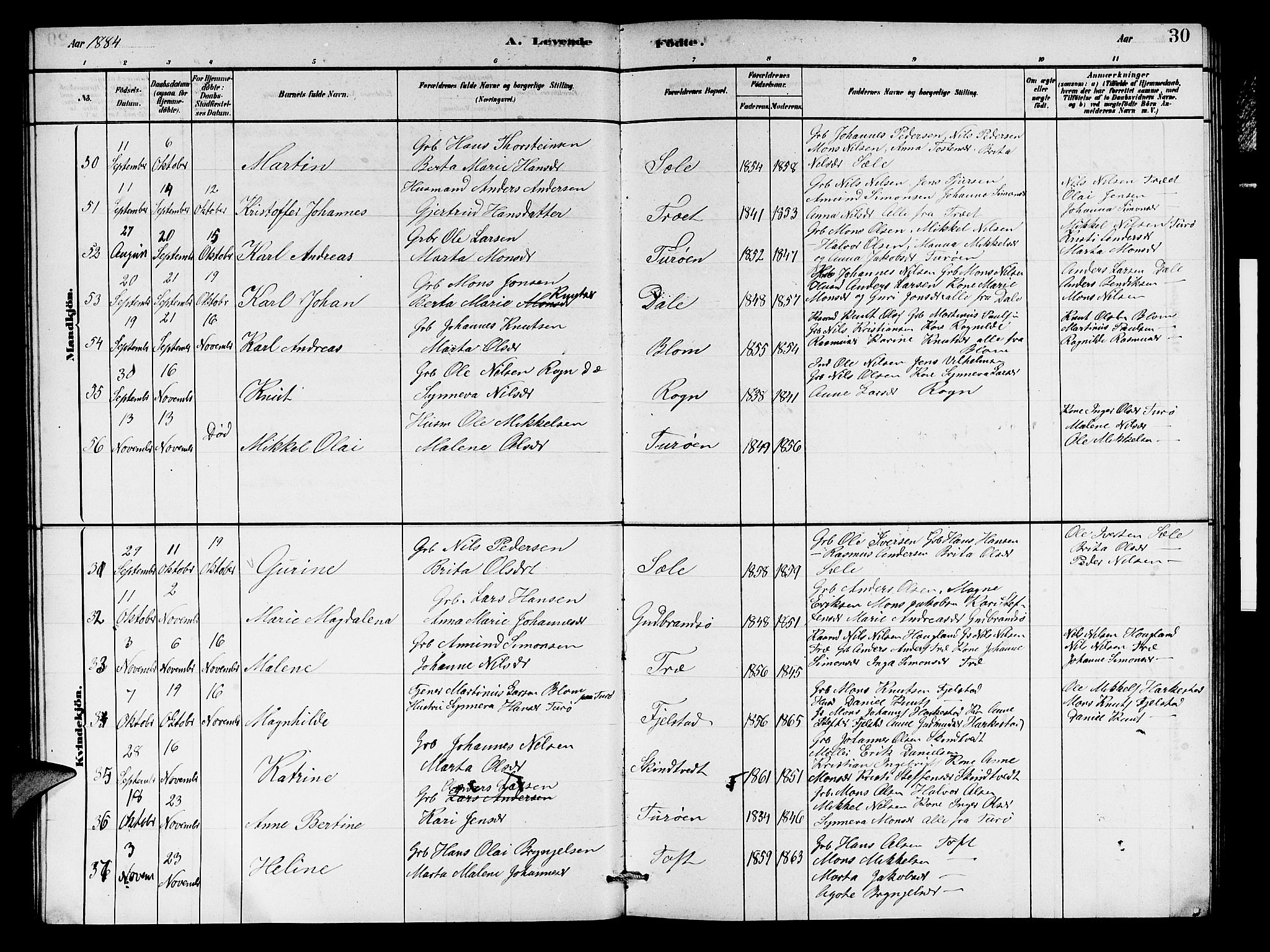 Herdla Sokneprestembete, AV/SAB-A-75701/H/Hab: Parish register (copy) no. A 2, 1881-1888, p. 30