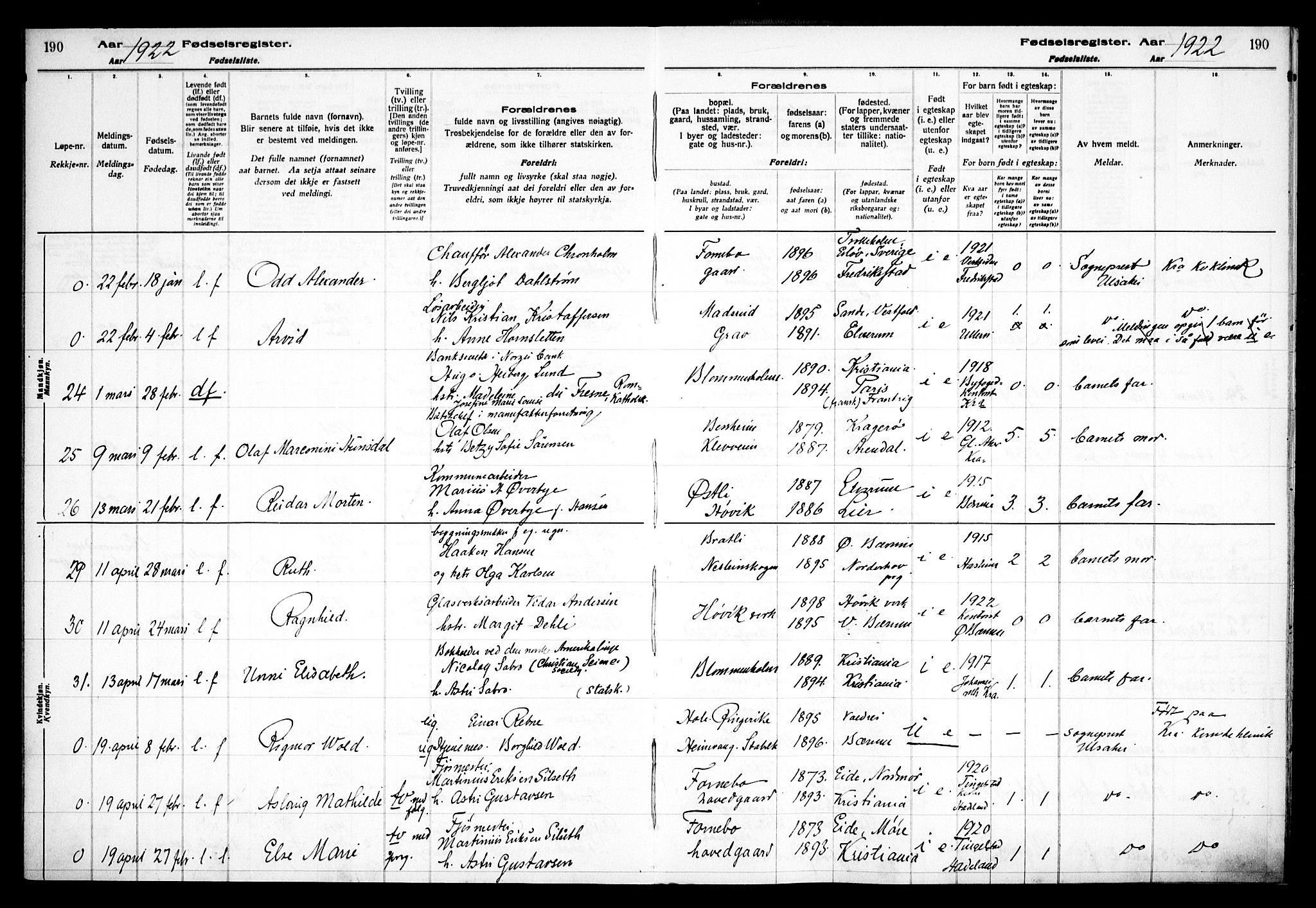 Østre Bærum prestekontor Kirkebøker, AV/SAO-A-10887/J/Ja/L0001: Birth register no. 1, 1916-1922, p. 190