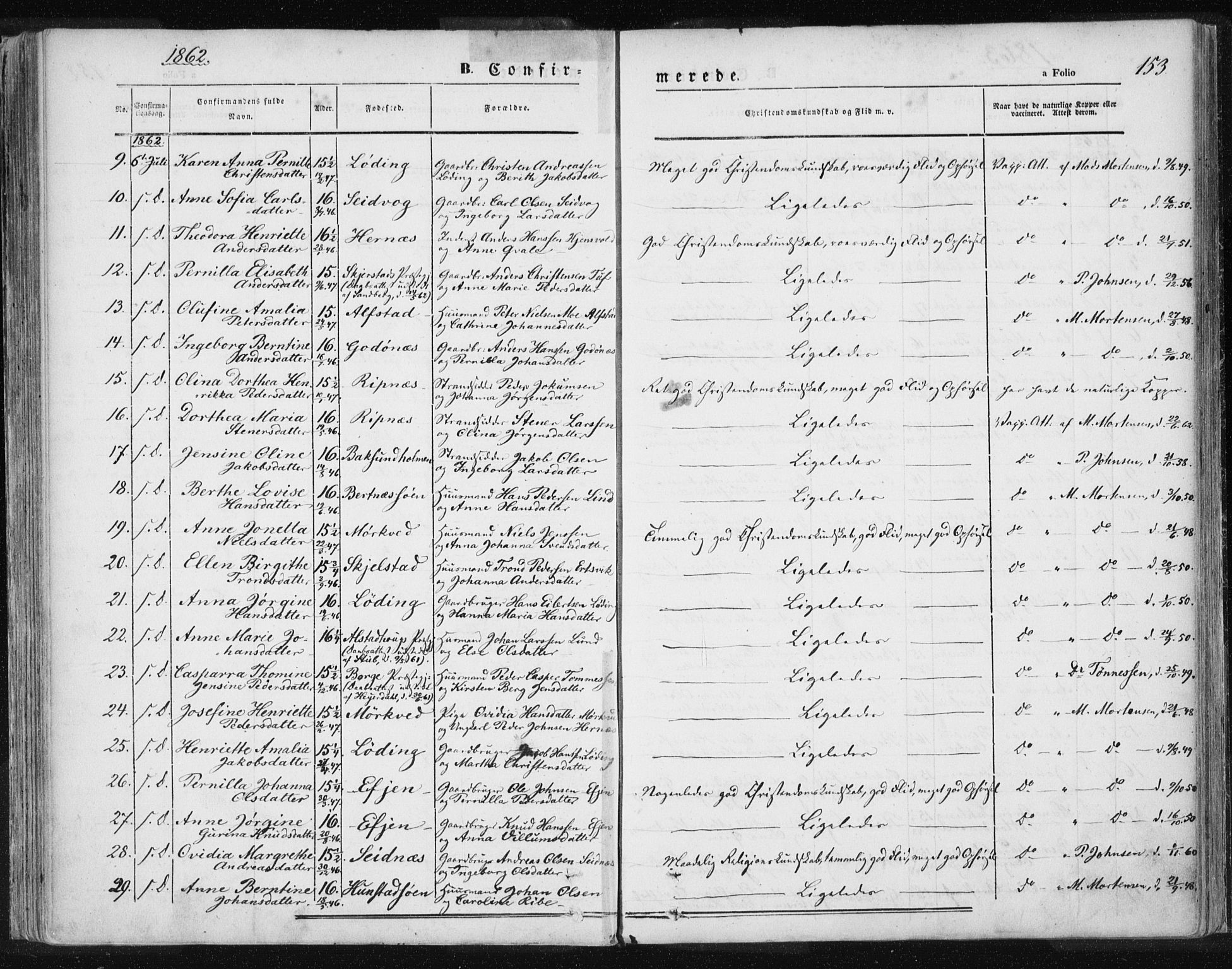 Ministerialprotokoller, klokkerbøker og fødselsregistre - Nordland, SAT/A-1459/801/L0007: Parish register (official) no. 801A07, 1845-1863, p. 153