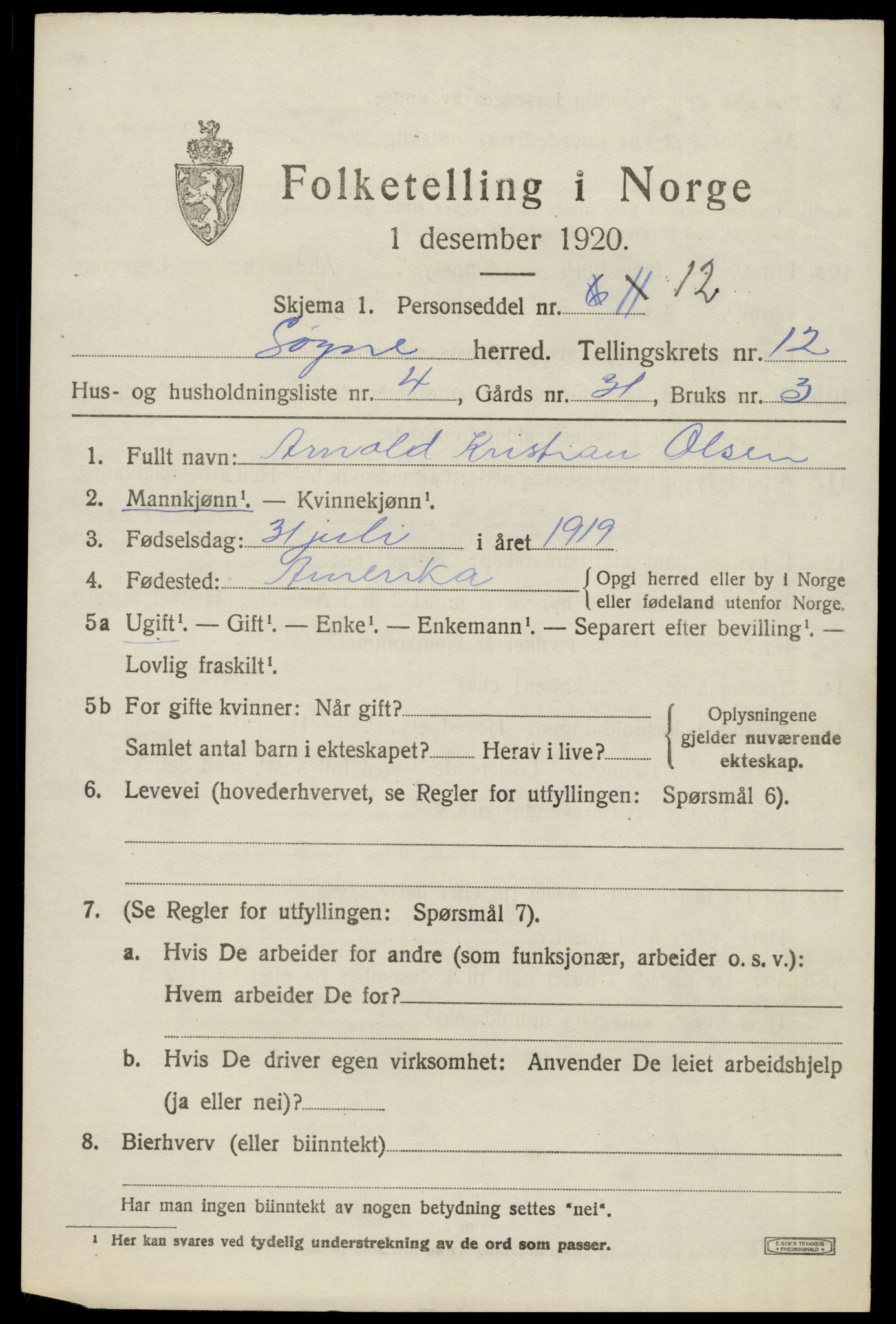 SAK, 1920 census for Søgne, 1920, p. 5983