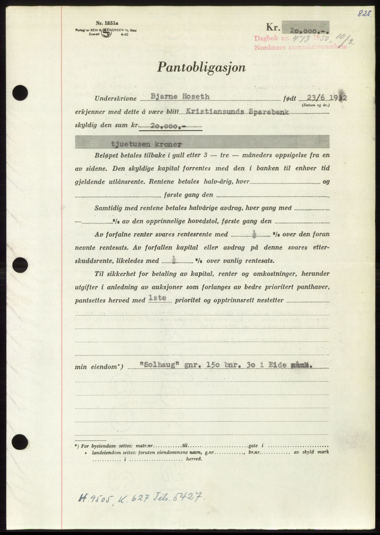 Nordmøre sorenskriveri, AV/SAT-A-4132/1/2/2Ca: Mortgage book no. B103, 1949-1950, Diary no: : 473/1950