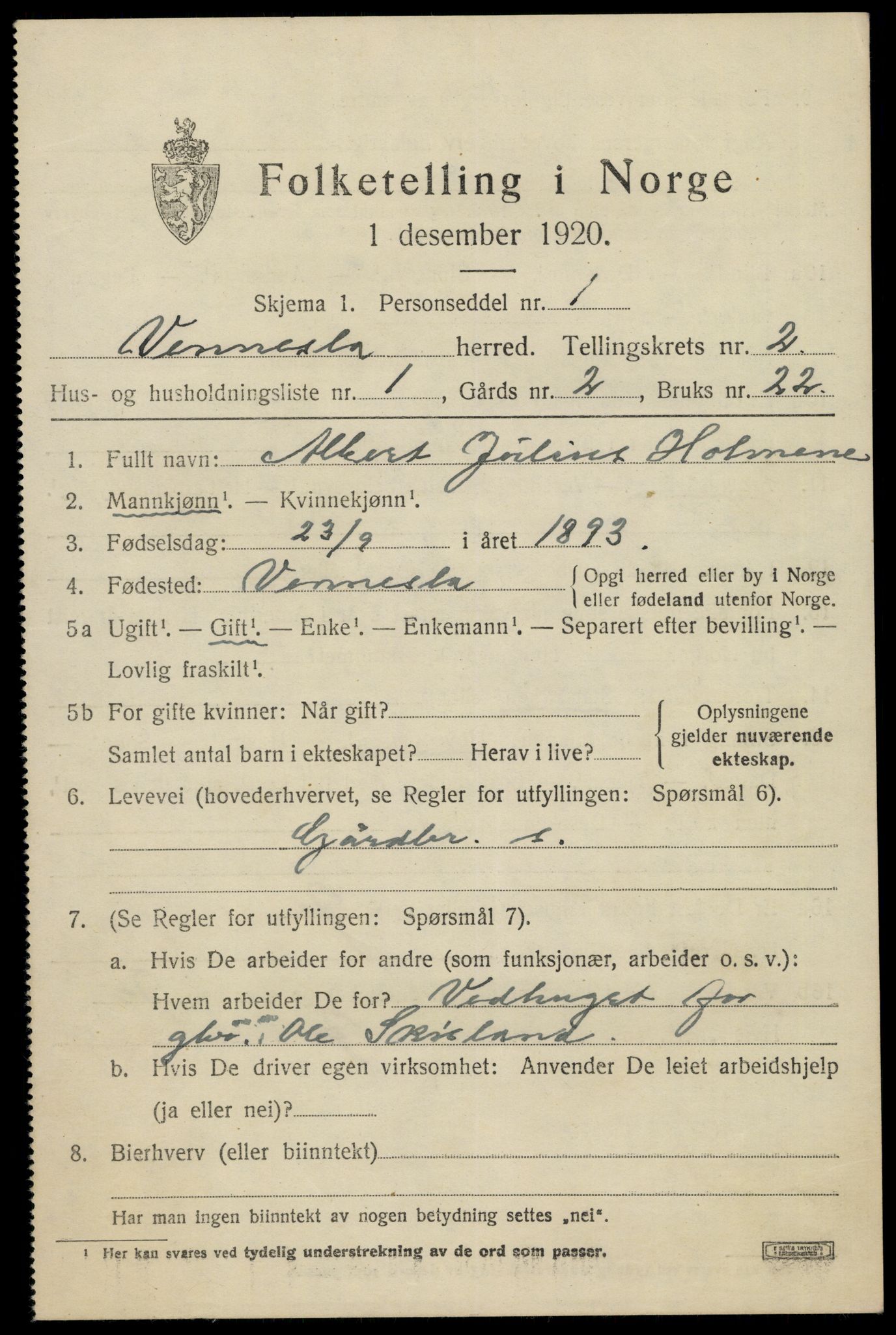 SAK, 1920 census for Vennesla, 1920, p. 1478