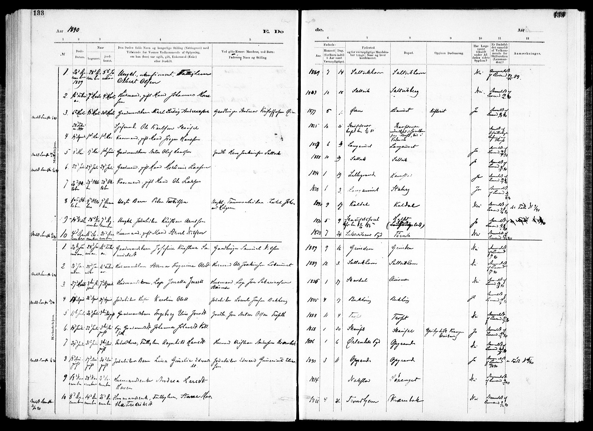 Ministerialprotokoller, klokkerbøker og fødselsregistre - Nord-Trøndelag, AV/SAT-A-1458/733/L0325: Parish register (official) no. 733A04, 1884-1908, p. 133