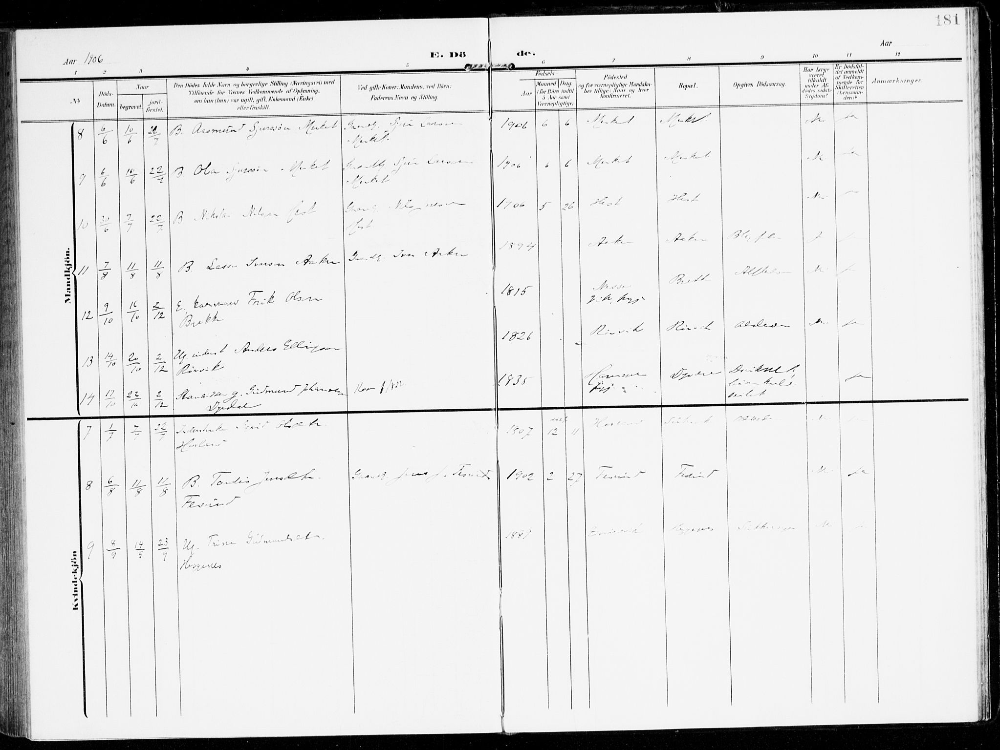 Lavik sokneprestembete, AV/SAB-A-80901: Parish register (official) no. C 2, 1904-1921, p. 181