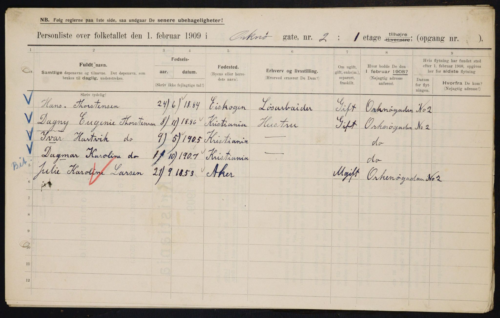 OBA, Municipal Census 1909 for Kristiania, 1909, p. 68707