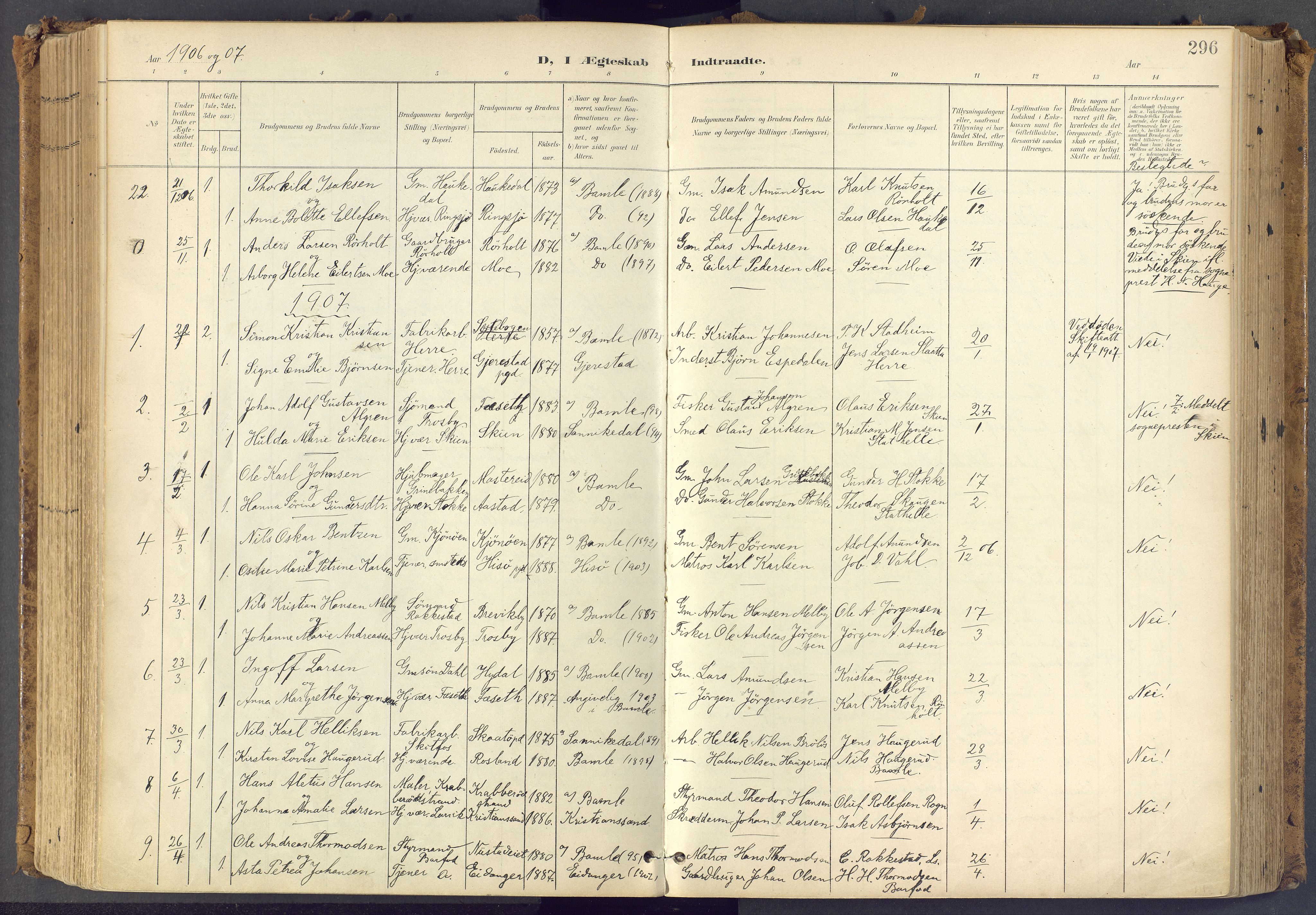 Bamble kirkebøker, SAKO/A-253/F/Fa/L0009: Parish register (official) no. I 9, 1901-1917, p. 296