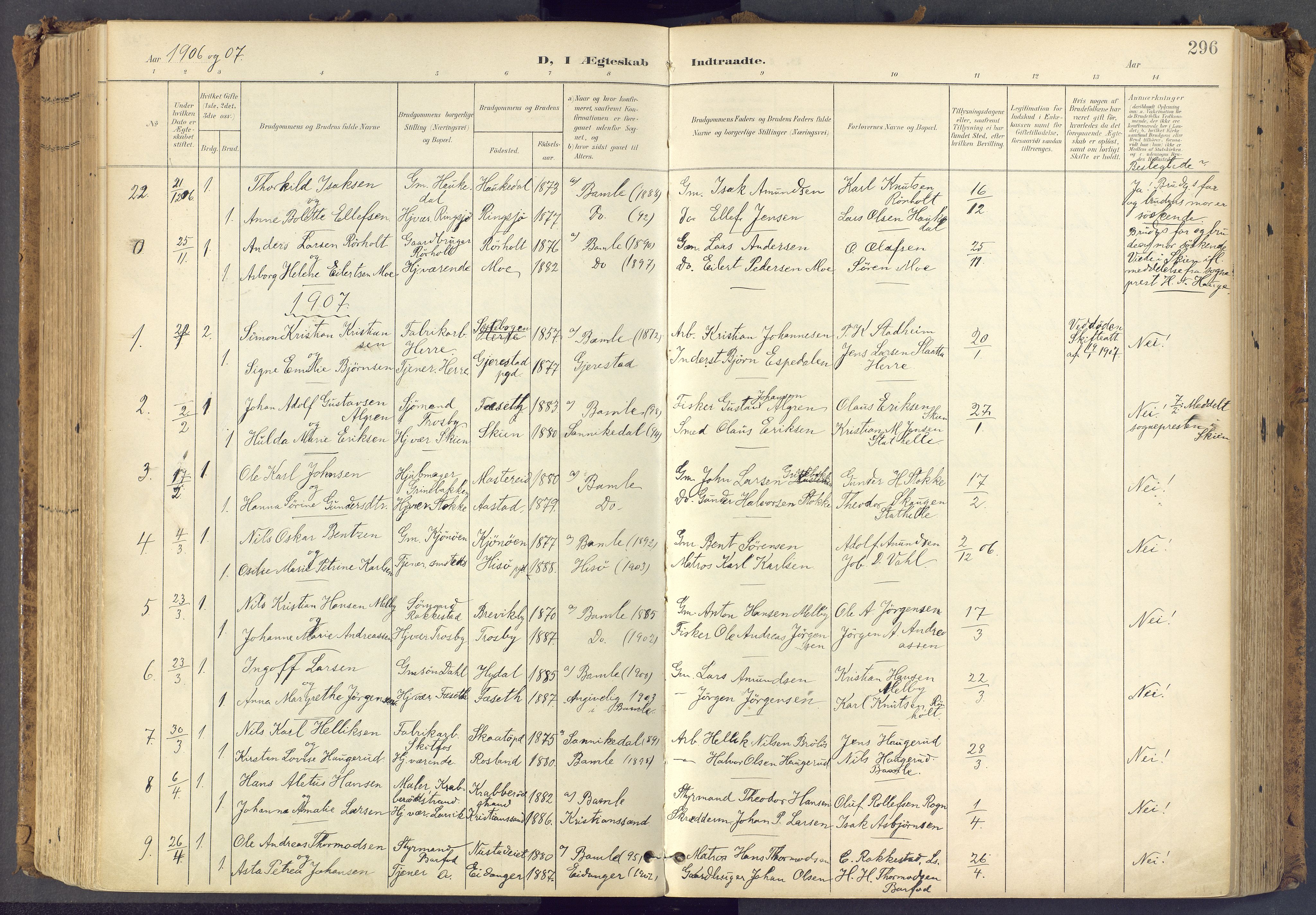 Bamble kirkebøker, AV/SAKO-A-253/F/Fa/L0009: Parish register (official) no. I 9, 1901-1917, p. 296