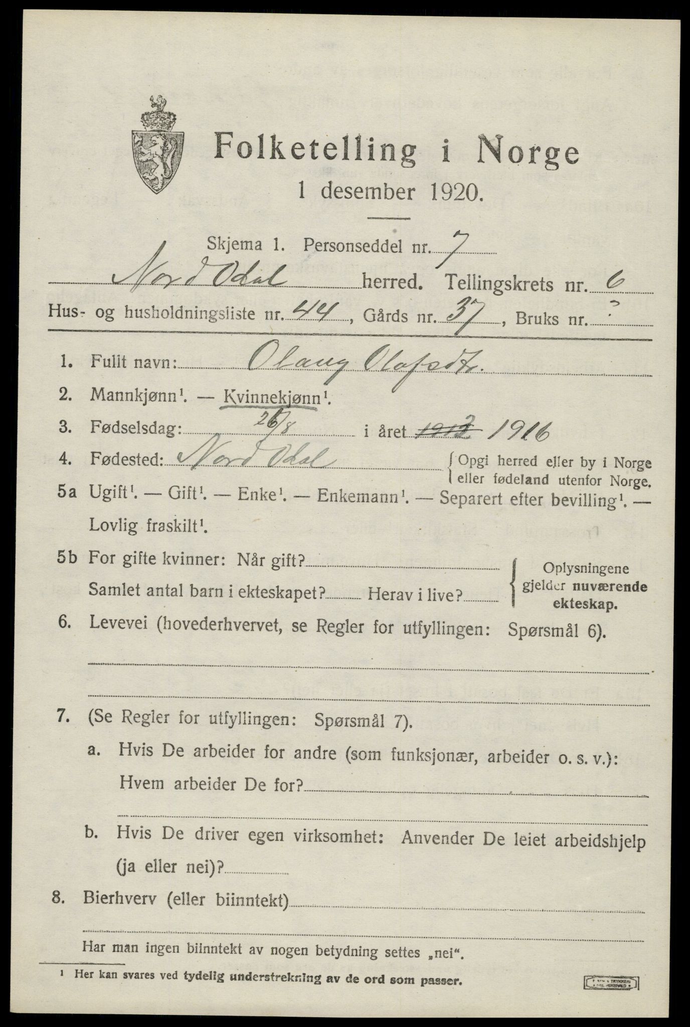 SAH, 1920 census for Nord-Odal, 1920, p. 7093