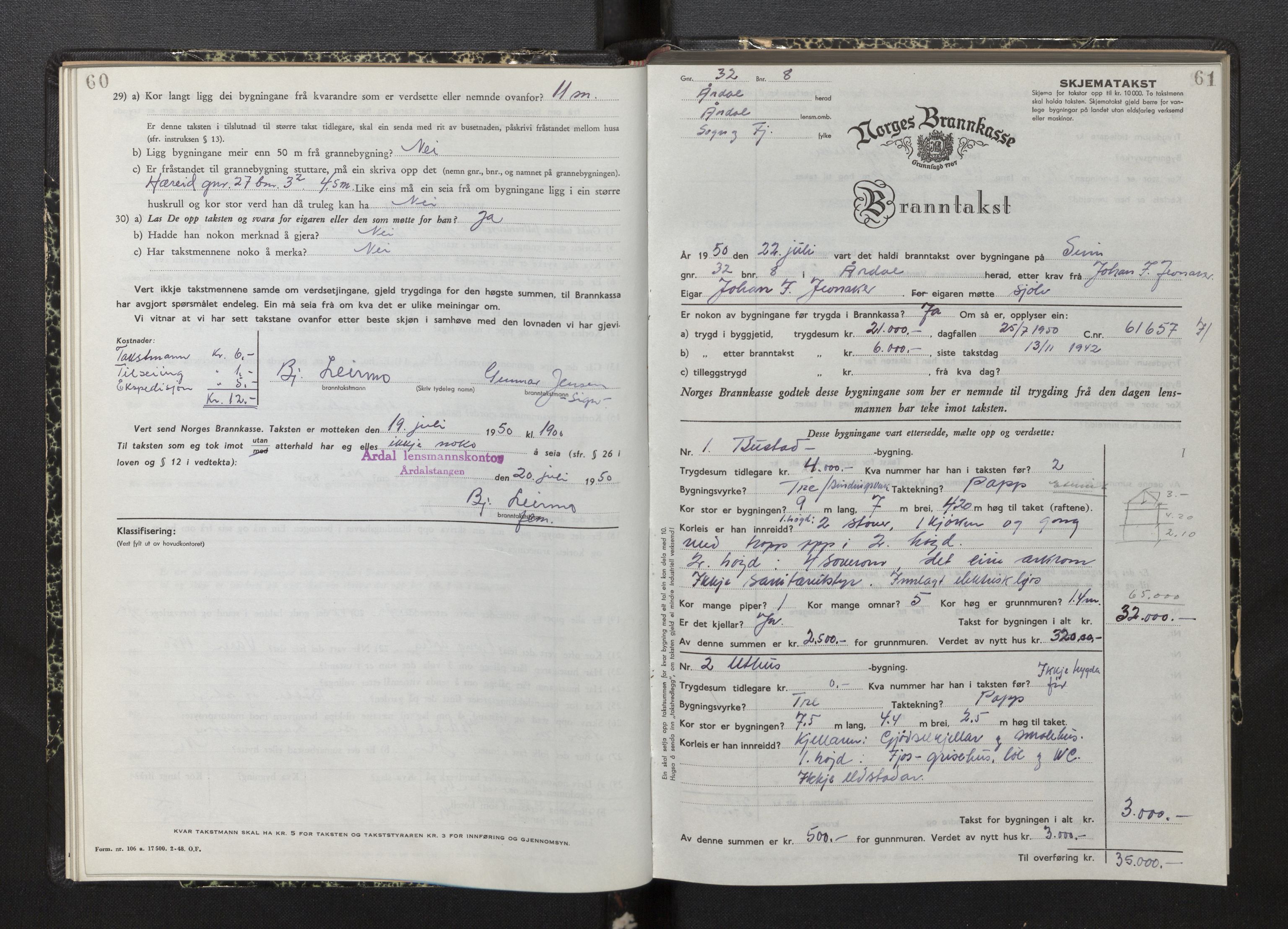 Lensmannen i Årdal, AV/SAB-A-30501/0012/L0012: Branntakstprotokoll, skjematakst, 1949-1955, p. 60-61