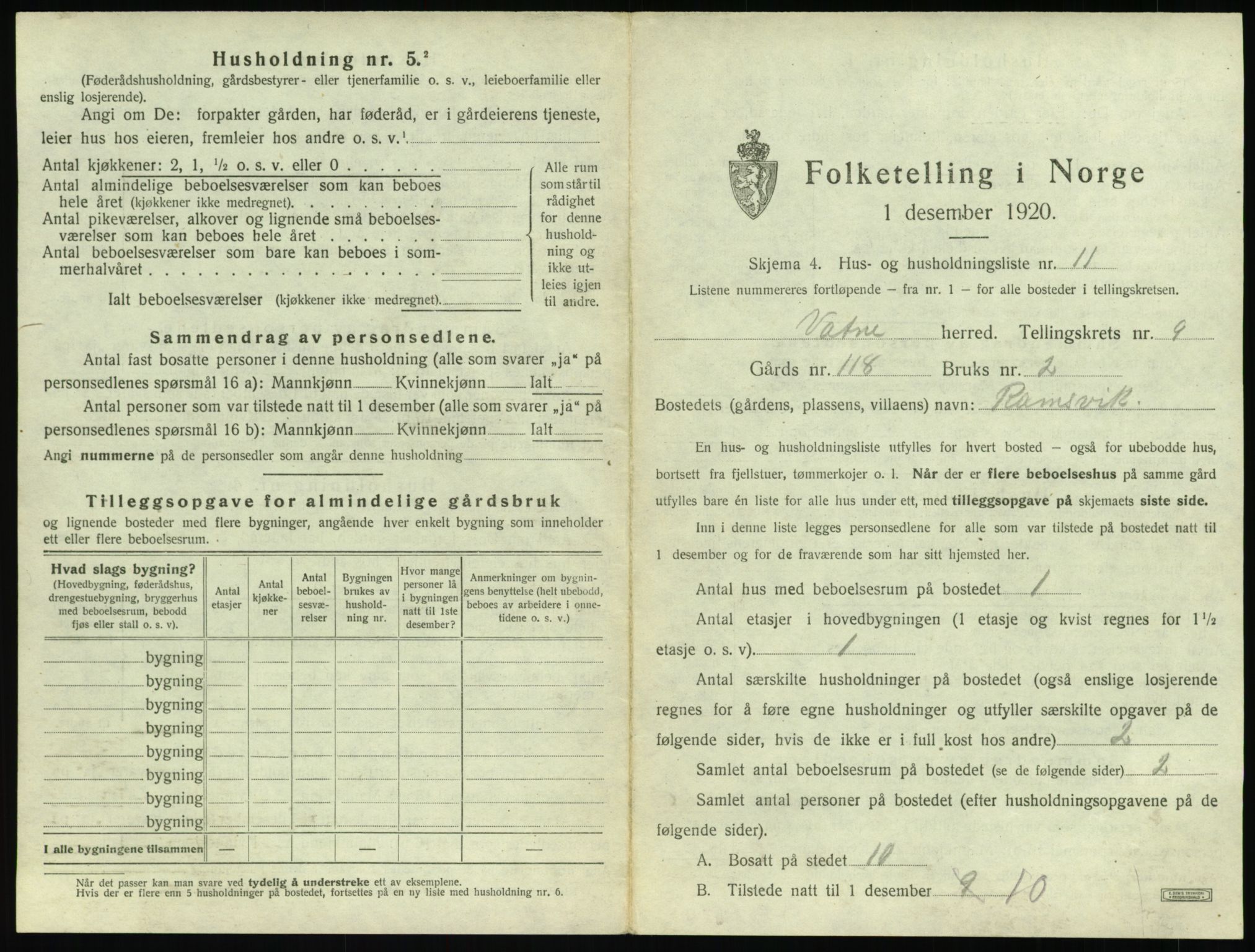 SAT, 1920 census for Vatne, 1920, p. 524