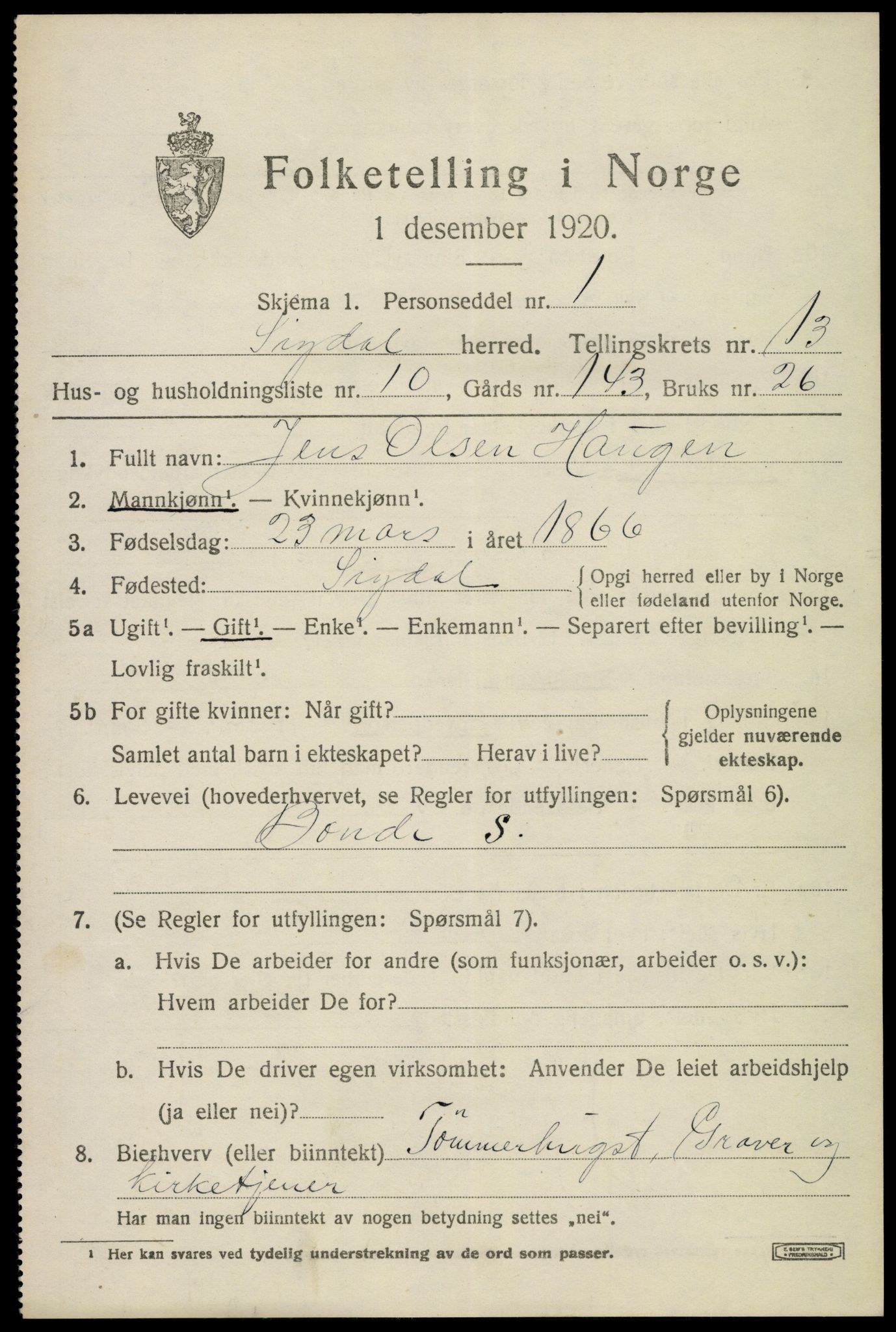 SAKO, 1920 census for Sigdal, 1920, p. 8168