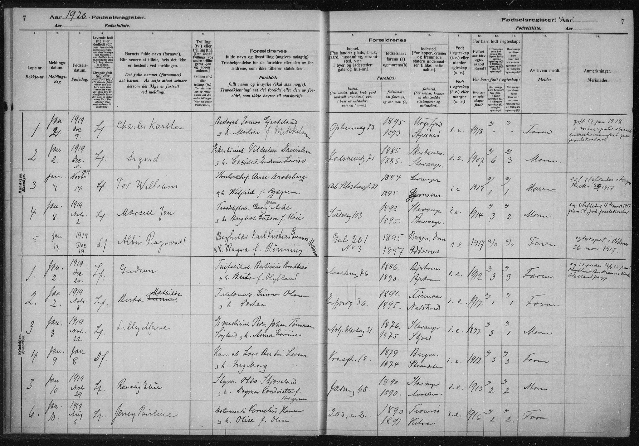St. Johannes sokneprestkontor, SAST/A-101814/002/A/L0002: Birth register no. 2, 1919-1924, p. 7