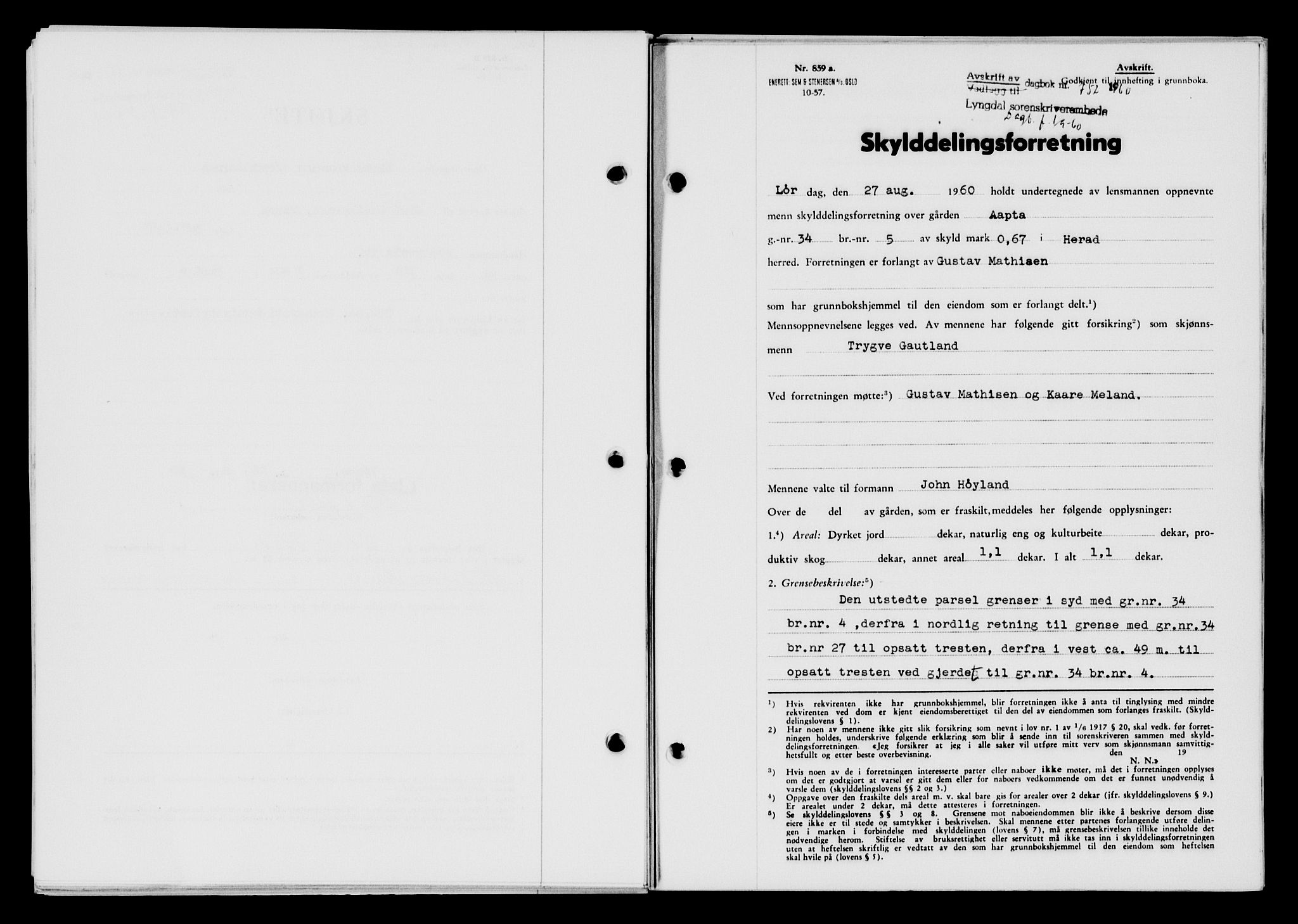 Lyngdal sorenskriveri, AV/SAK-1221-0004/G/Gb/L0680: Mortgage book no. A XXVI, 1960-1960, Diary no: : 752/1960