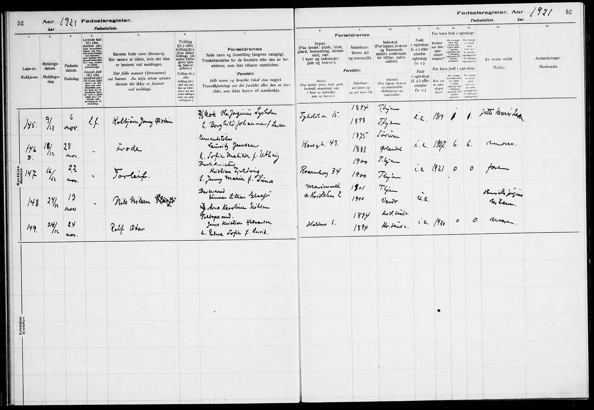 Ministerialprotokoller, klokkerbøker og fødselsregistre - Sør-Trøndelag, AV/SAT-A-1456/604/L0233: Birth register no. 604.II.4.2, 1920-1928, p. 52