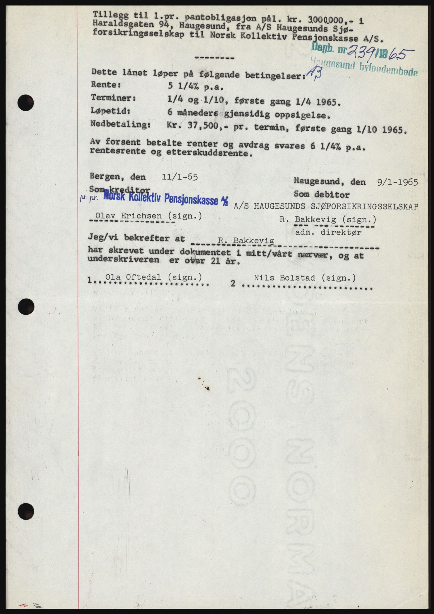 Haugesund tingrett, SAST/A-101415/01/II/IIC/L0053: Mortgage book no. B 53, 1965-1965, Diary no: : 239/1965