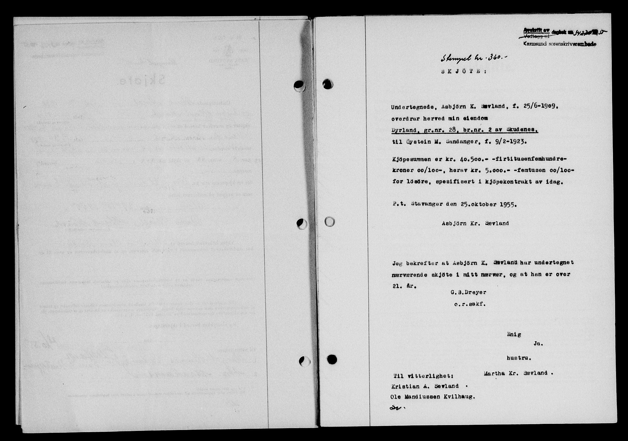 Karmsund sorenskriveri, SAST/A-100311/01/II/IIB/L0117: Mortgage book no. 97Aa, 1955-1955, Diary no: : 3427/1955
