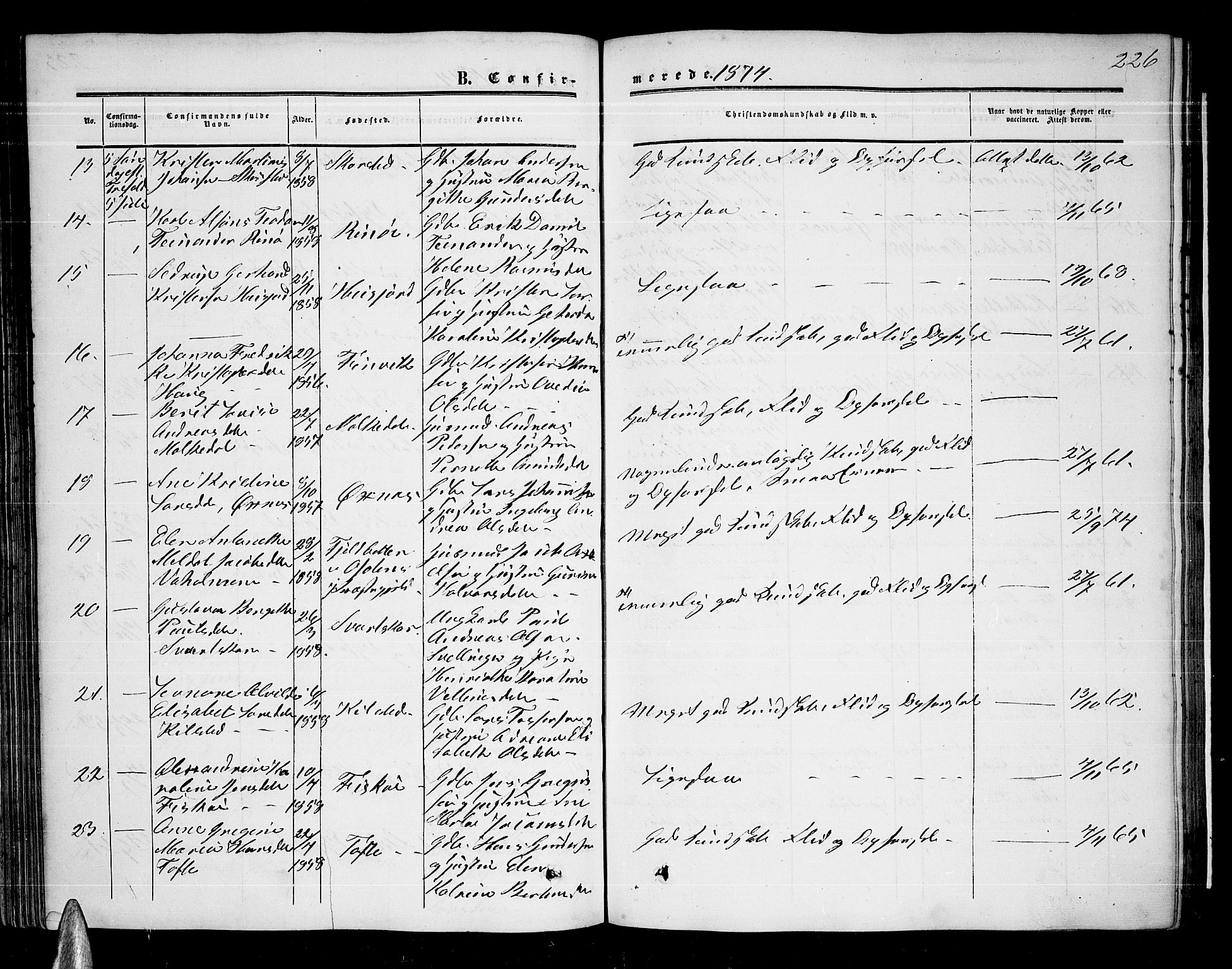 Ministerialprotokoller, klokkerbøker og fødselsregistre - Nordland, AV/SAT-A-1459/872/L1046: Parish register (copy) no. 872C02, 1852-1879, p. 226