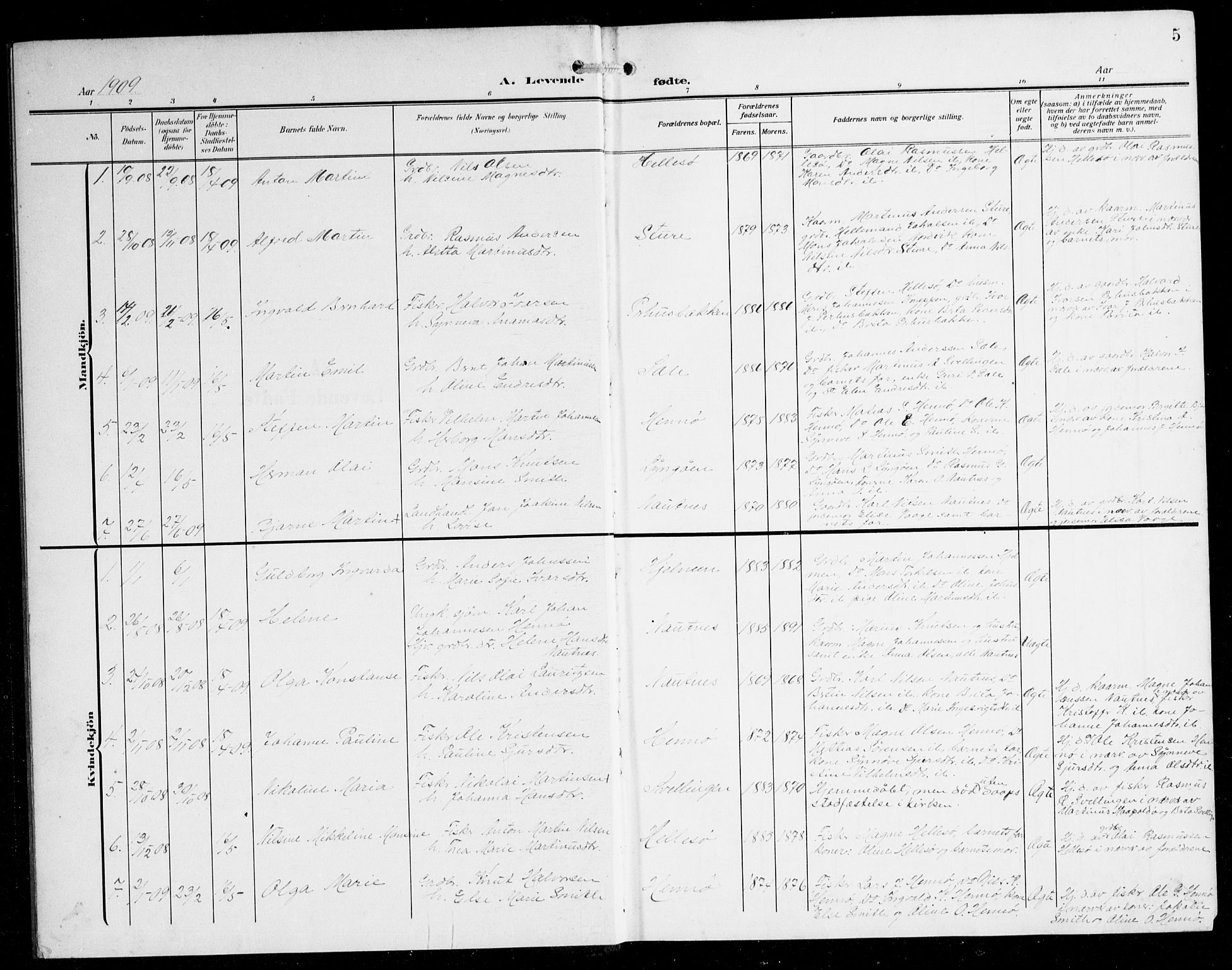 Herdla Sokneprestembete, SAB/A-75701/H/Hab: Parish register (copy) no. B 1, 1909-1929, p. 5