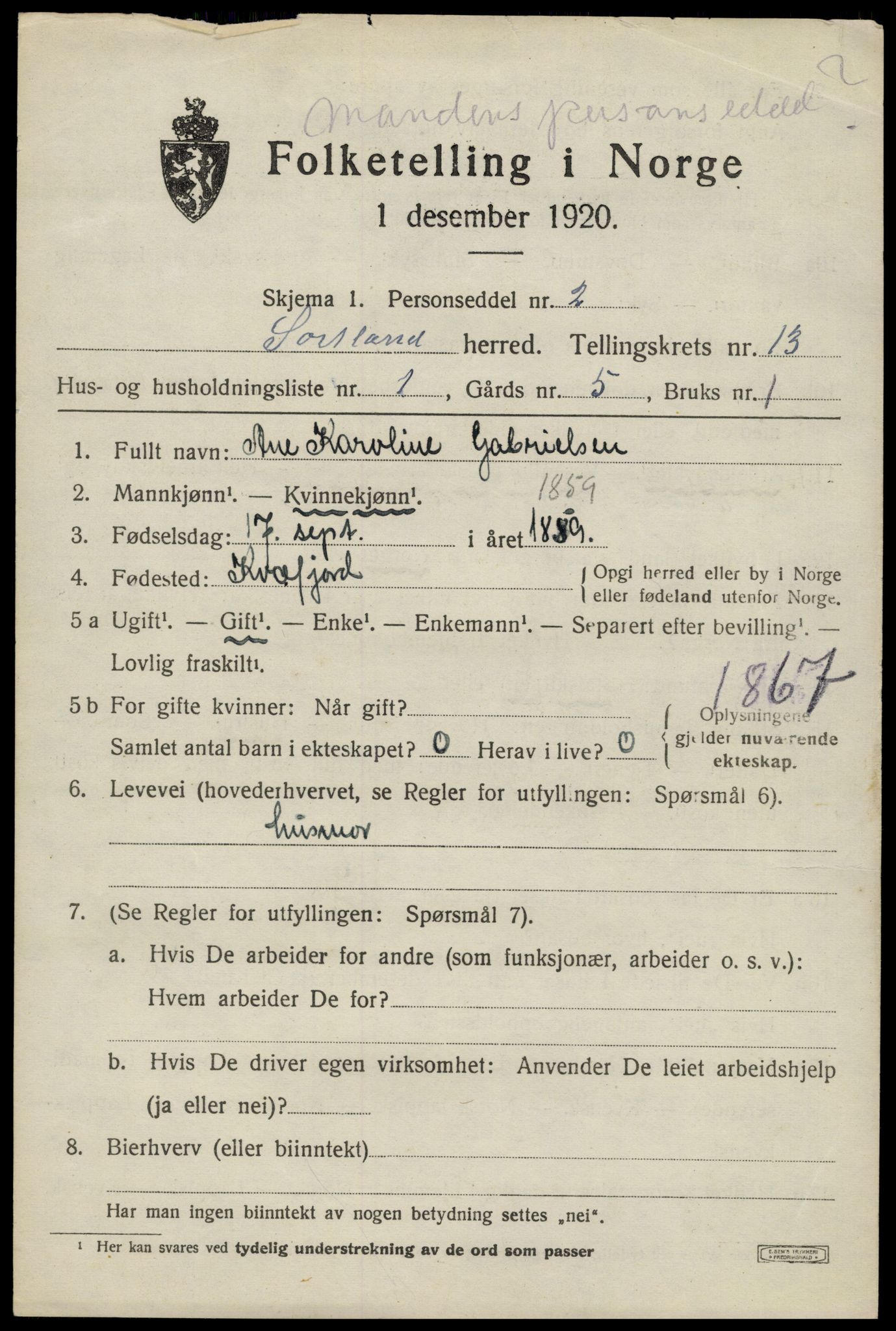 SAT, 1920 census for Sortland, 1920, p. 10416