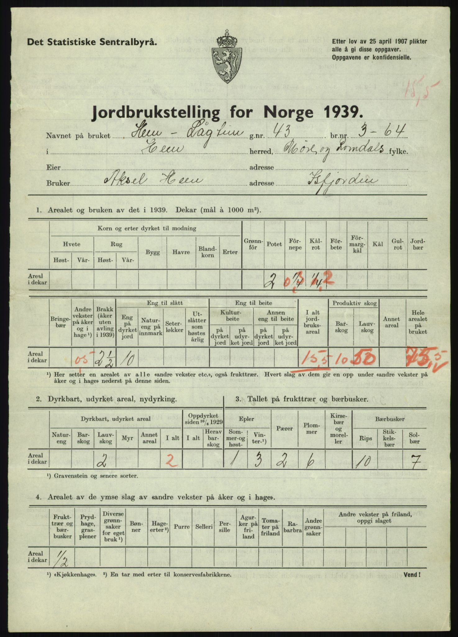 Statistisk sentralbyrå, Næringsøkonomiske emner, Jordbruk, skogbruk, jakt, fiske og fangst, AV/RA-S-2234/G/Gb/L0251: Møre og Romsdal: Voll, Eid, Grytten og Hen, 1939, p. 1161