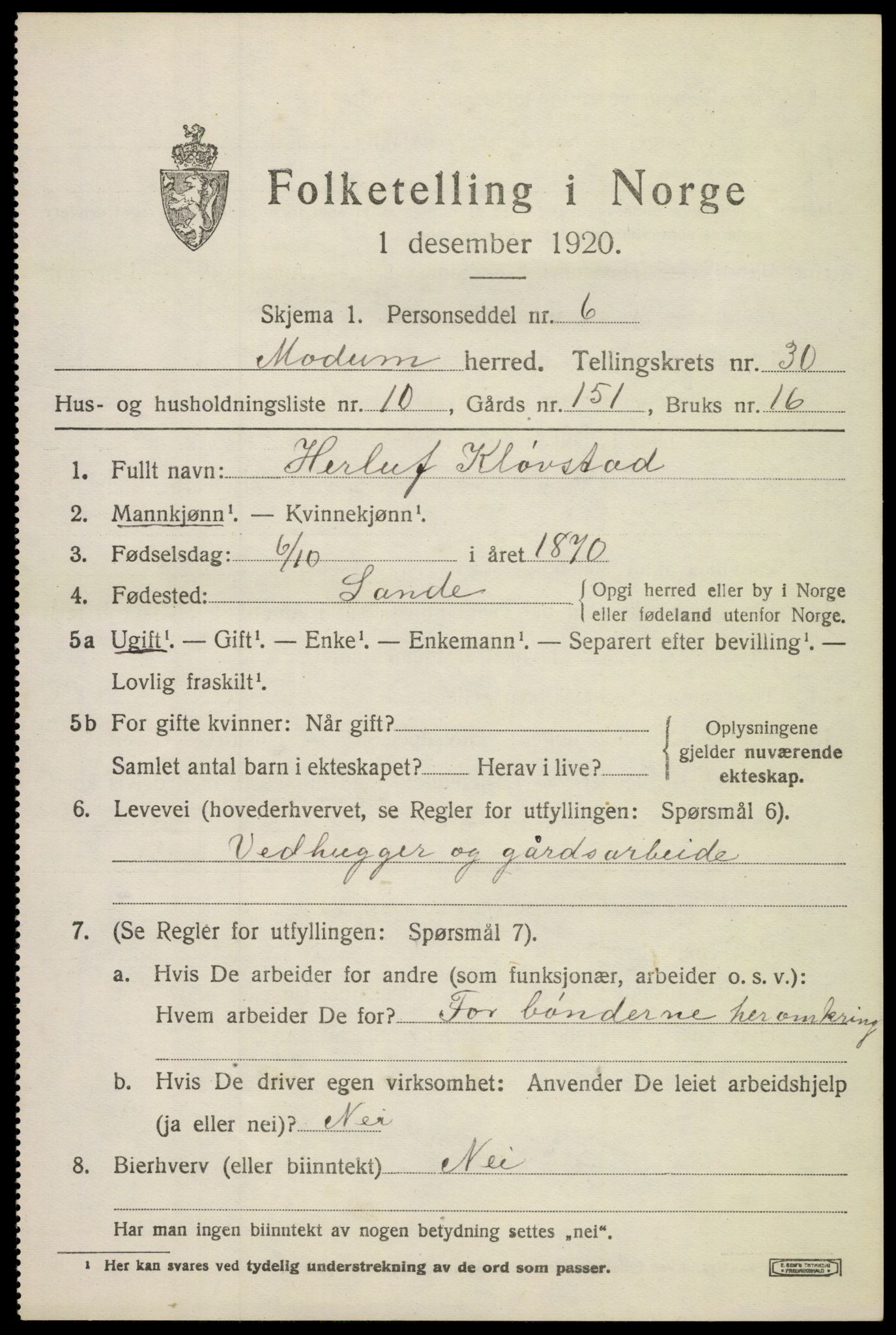 SAKO, 1920 census for Modum, 1920, p. 27763