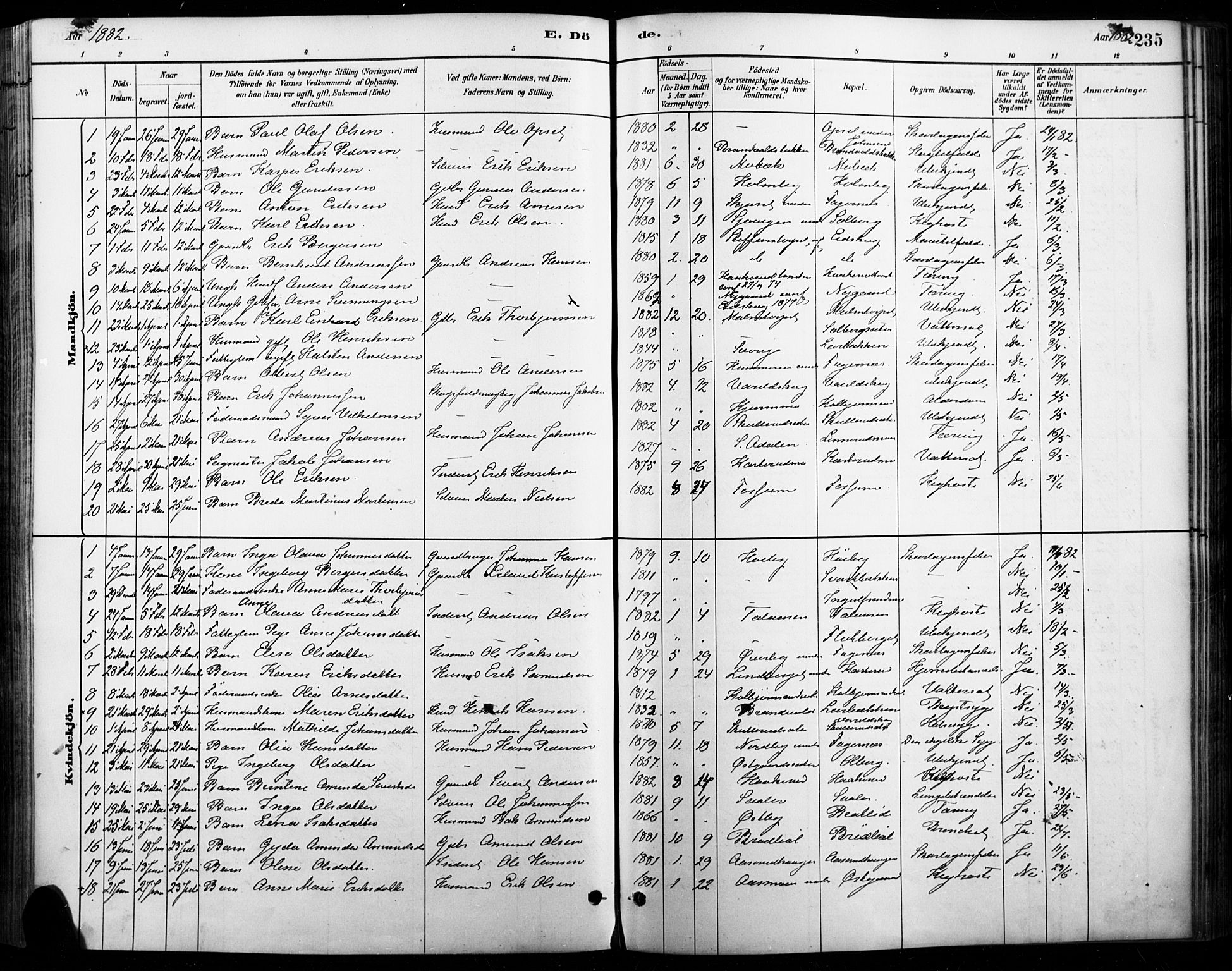 Vinger prestekontor, AV/SAH-PREST-024/H/Ha/Haa/L0015: Parish register (official) no. 15, 1881-1900, p. 235