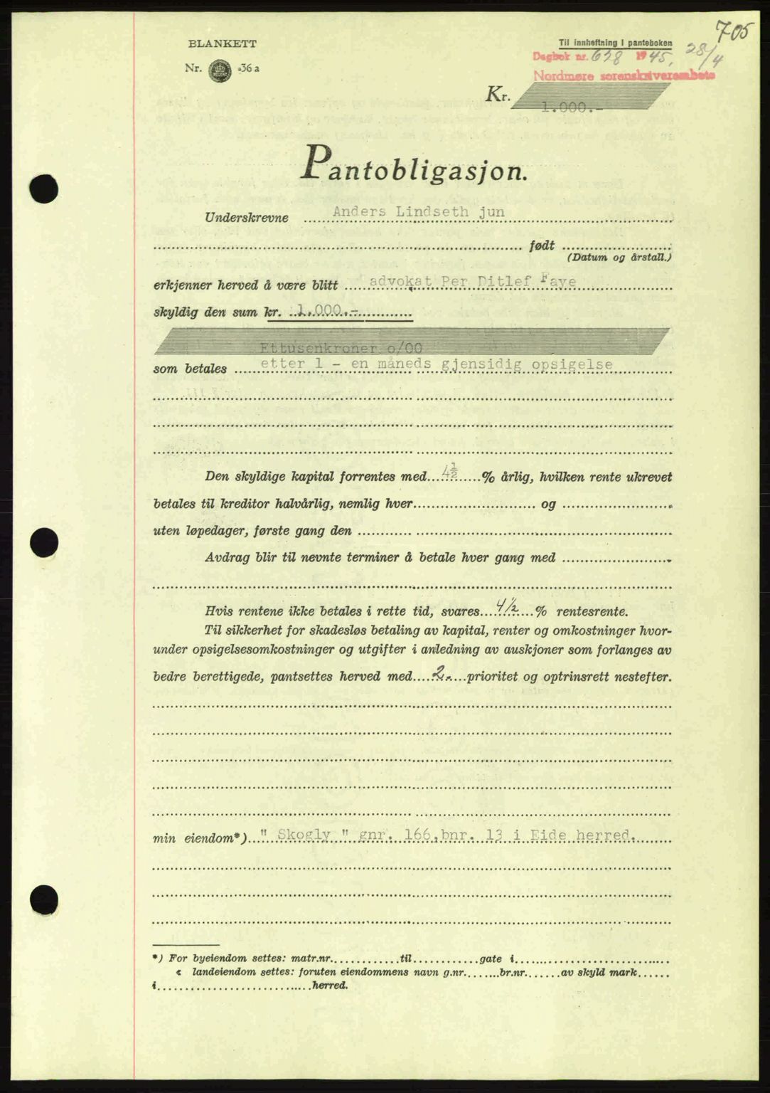 Nordmøre sorenskriveri, AV/SAT-A-4132/1/2/2Ca: Mortgage book no. B92, 1944-1945, Diary no: : 627/1945