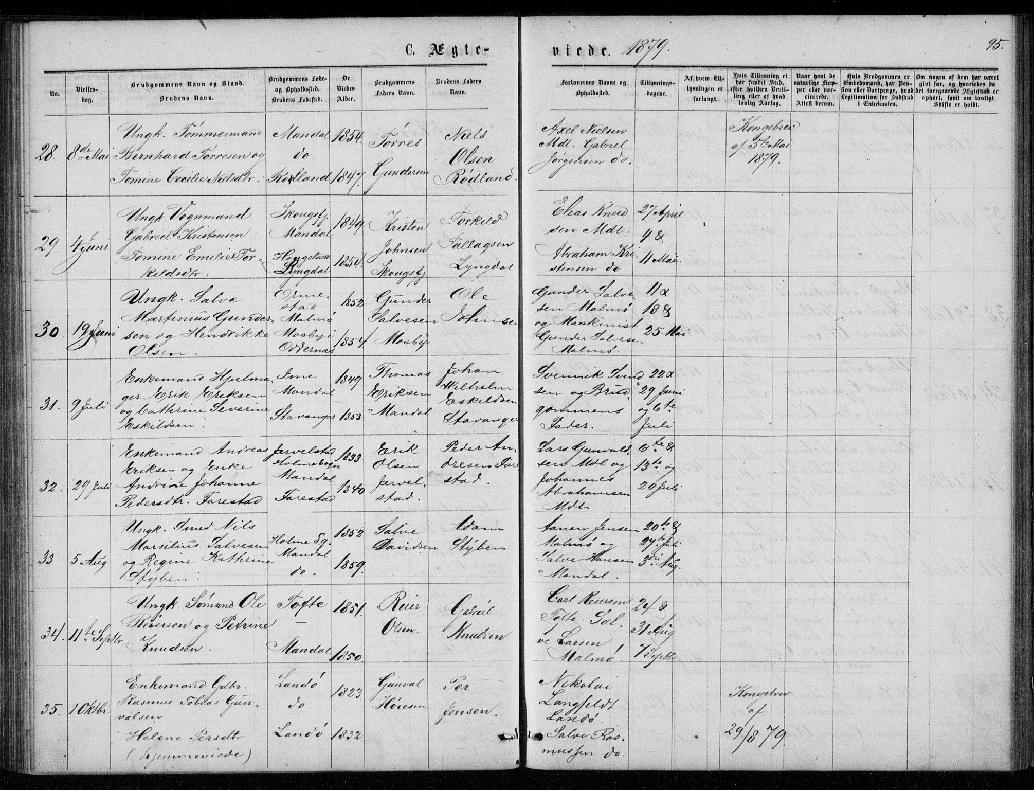 Mandal sokneprestkontor, AV/SAK-1111-0030/F/Fb/Fba/L0010: Parish register (copy) no. B 4, 1876-1880, p. 95