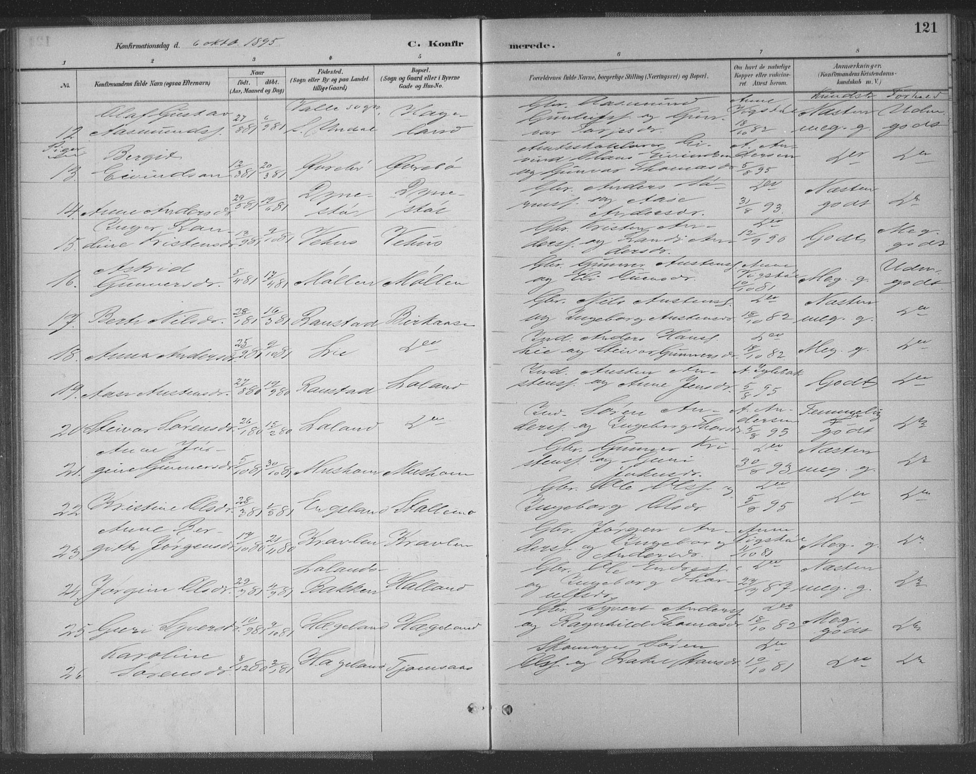 Vennesla sokneprestkontor, AV/SAK-1111-0045/Fa/Fac/L0009: Parish register (official) no. A 9, 1884-1901, p. 121