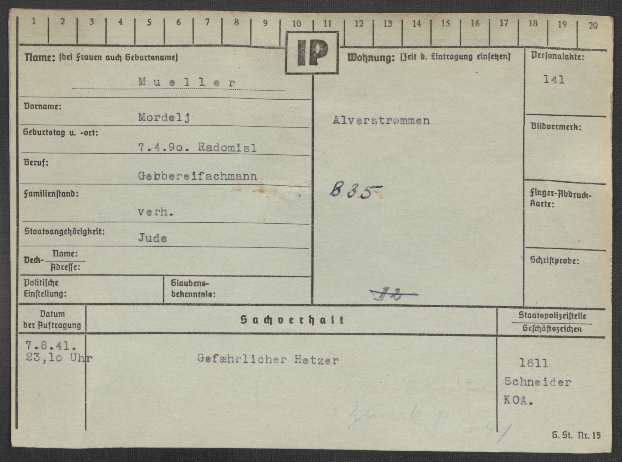 Befehlshaber der Sicherheitspolizei und des SD, AV/RA-RAFA-5969/E/Ea/Eaa/L0007: Register over norske fanger i Møllergata 19: Lundb-N, 1940-1945, p. 852